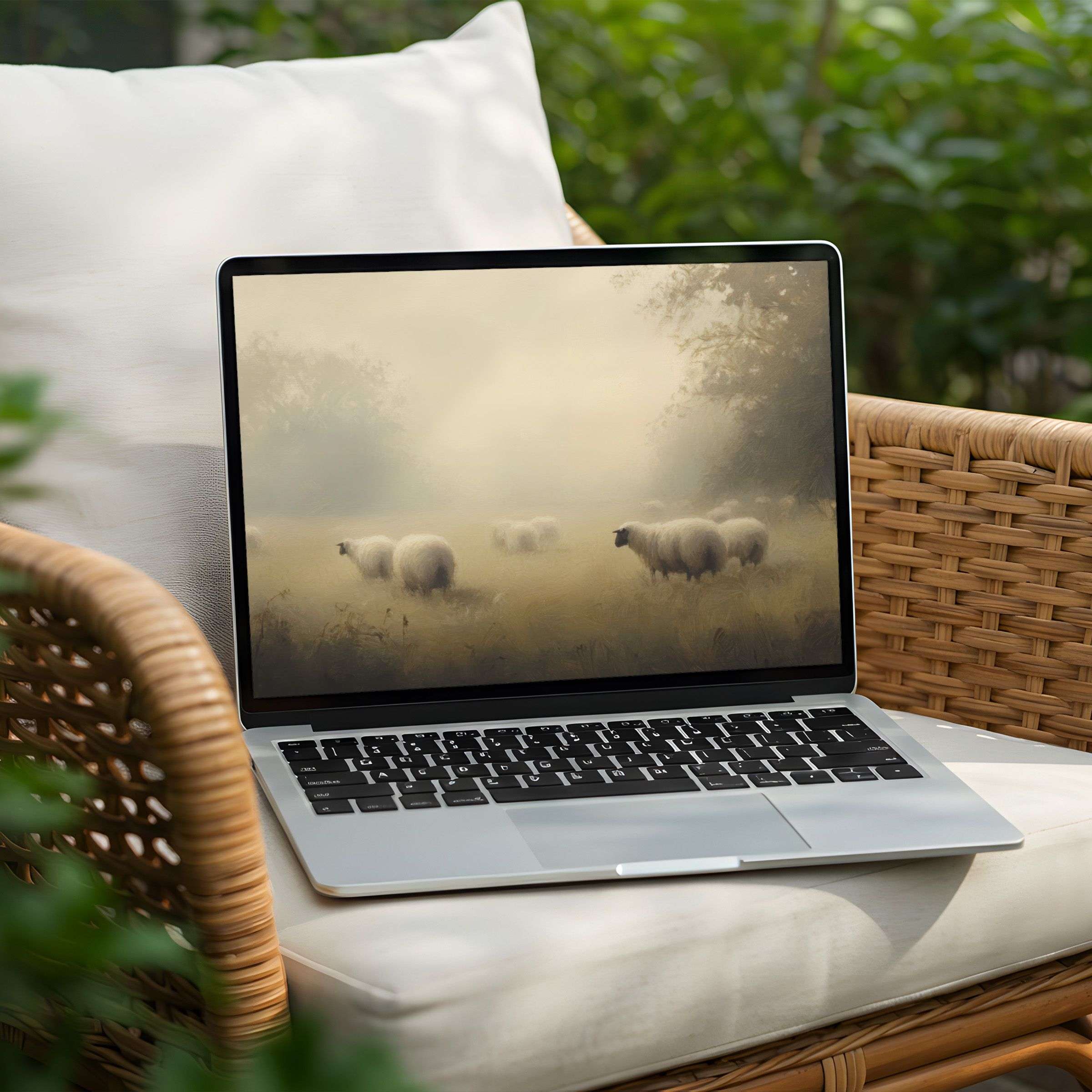 Serene sheep in a misty field desktop background for PC or Laptop inspires calm and mindfulness with instant download availability