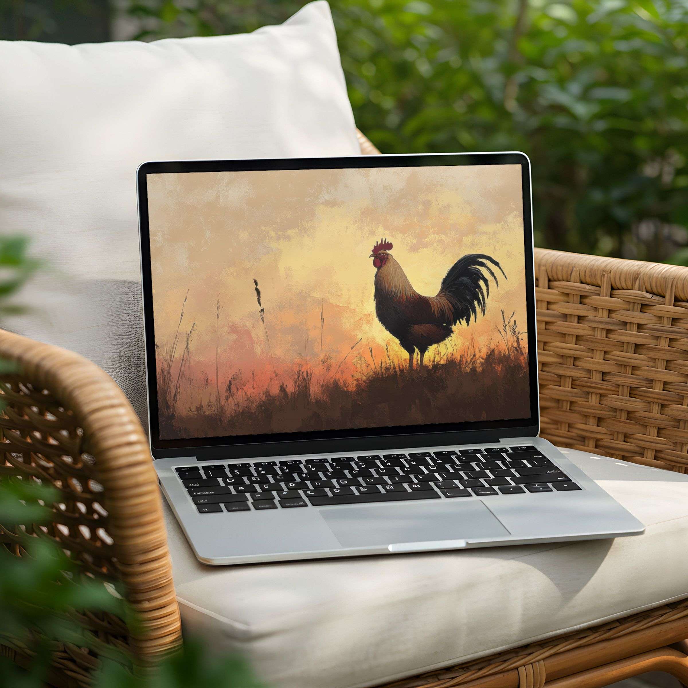Serene rooster painting desktop background for PC or laptop instant download inspires calm and mindful elegance