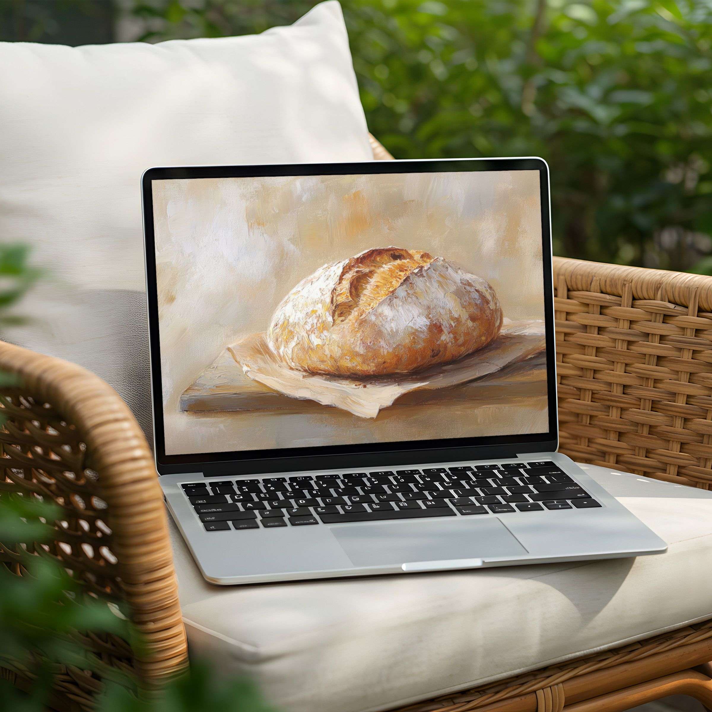 Elegant desktop background featuring artisanal bread art on Laptop for instant download brings calm and inspiration to PC users