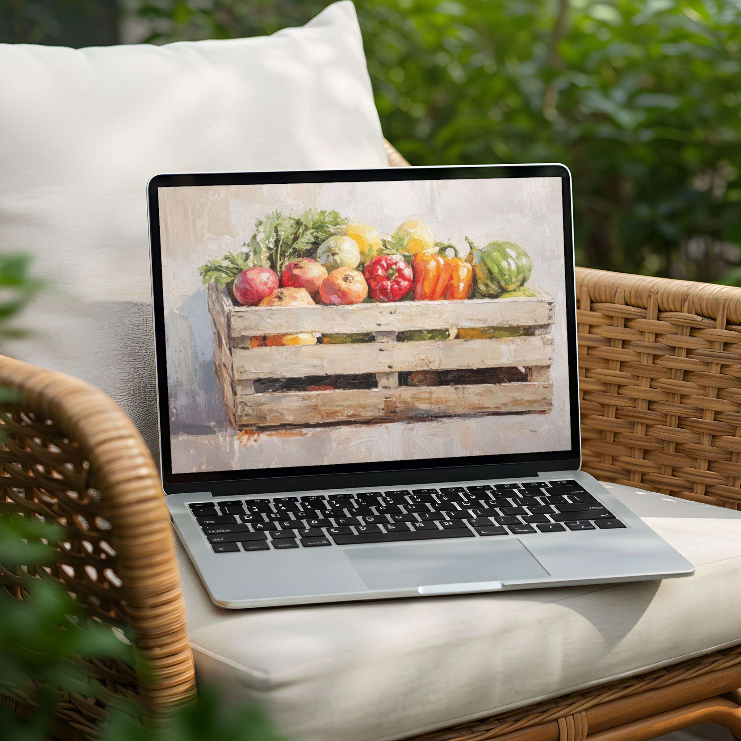 Elegant digital art of vibrant produce in a wooden crate enhances your PC or Laptop as a calming desktop background instant download