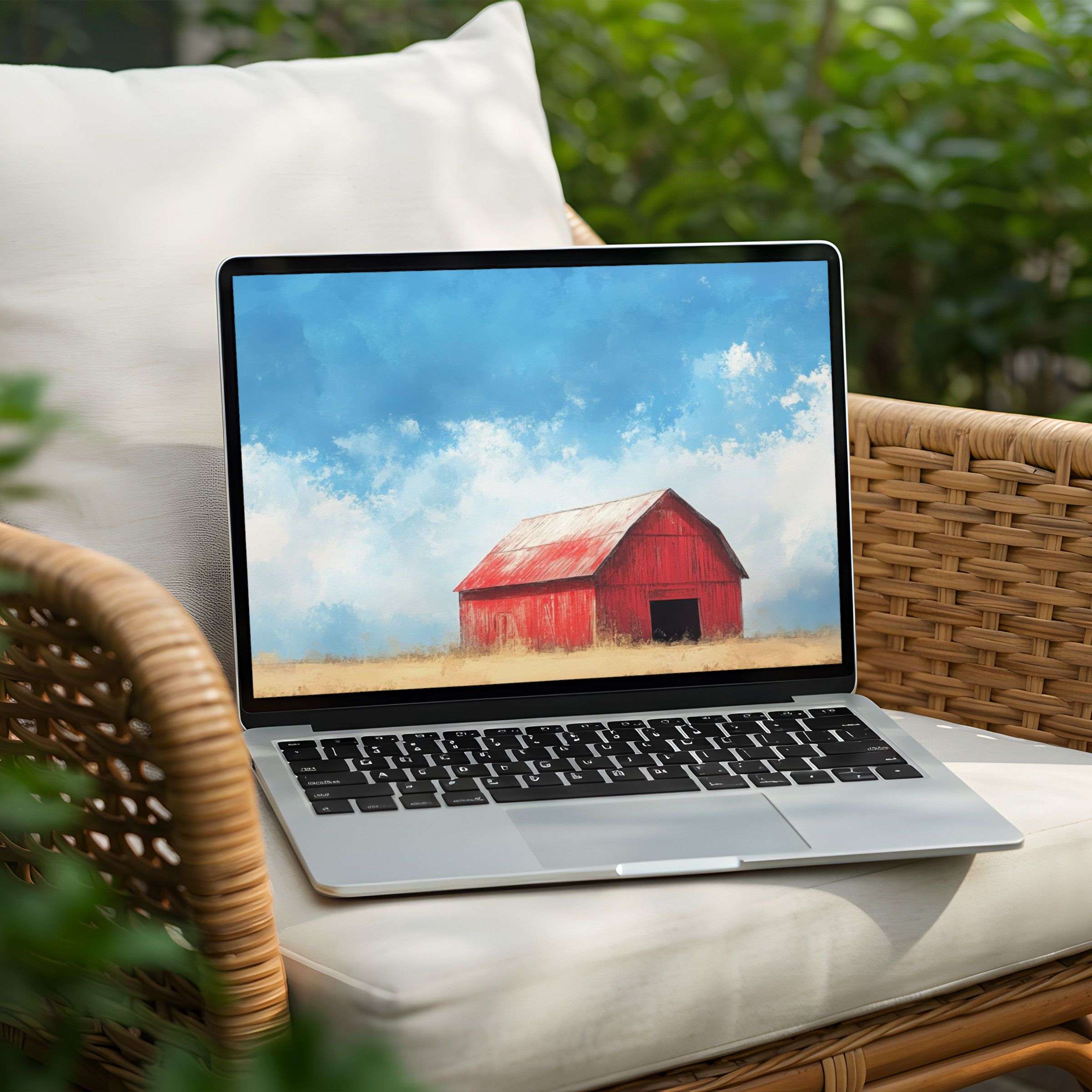 Instant download: Enhance your PC or laptop with this calming desktop background of a red barn under a serene blue sky