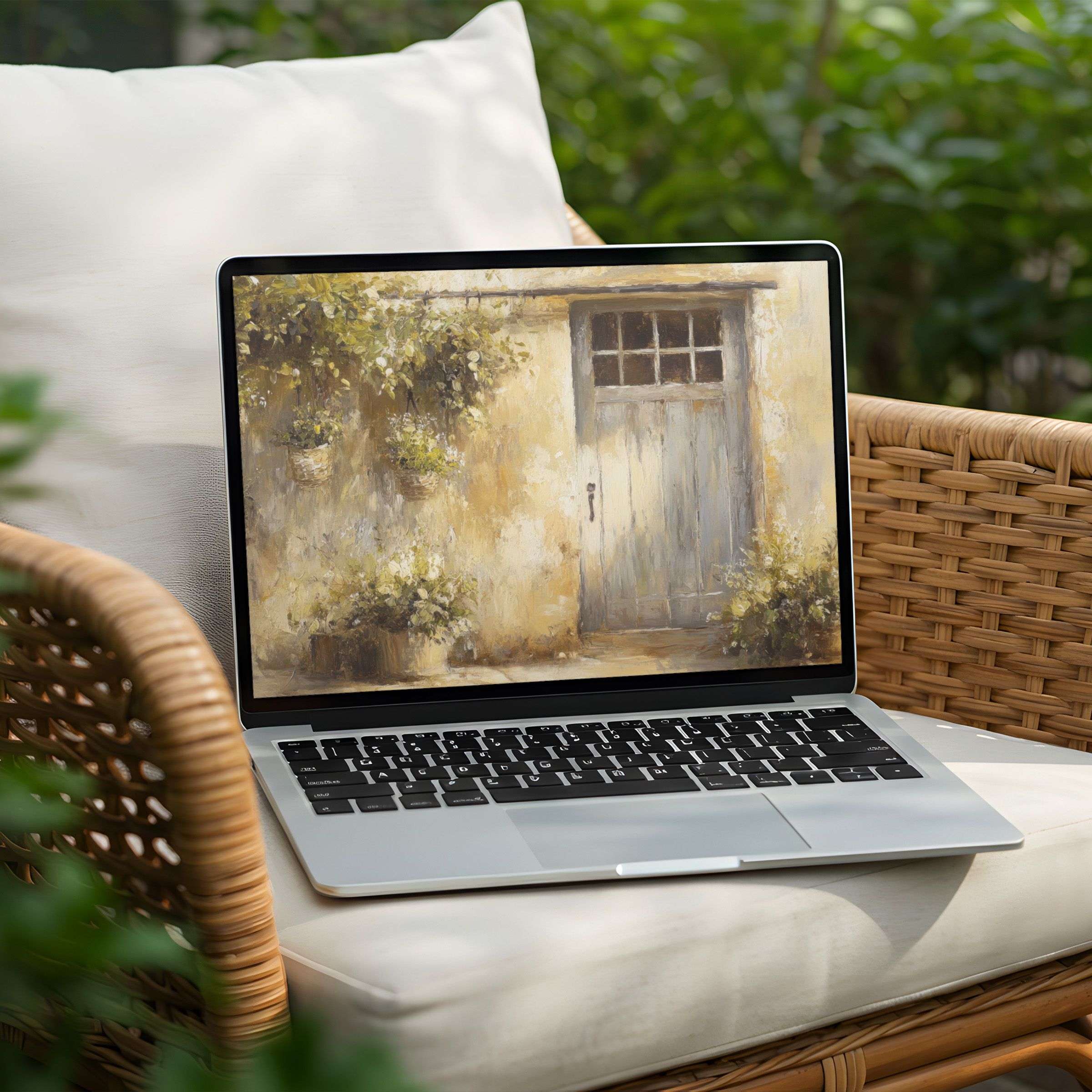Elegant desktop background for instant download on PC or laptop features rustic door and floral charm inspiring calm elegance