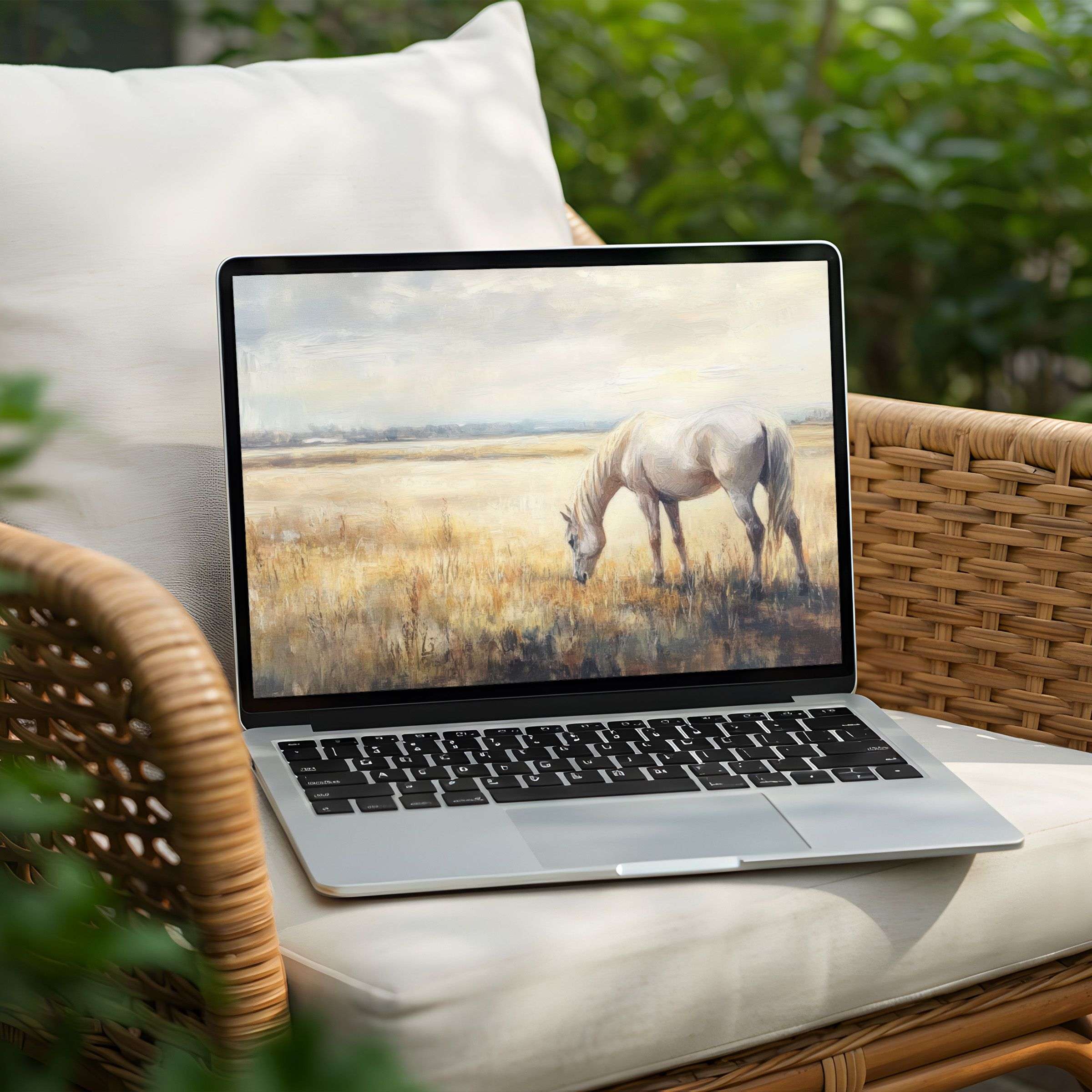 Elegant horse painting for PC or Laptop desktop background instant download calming scene evokes mindfulness and inspiration