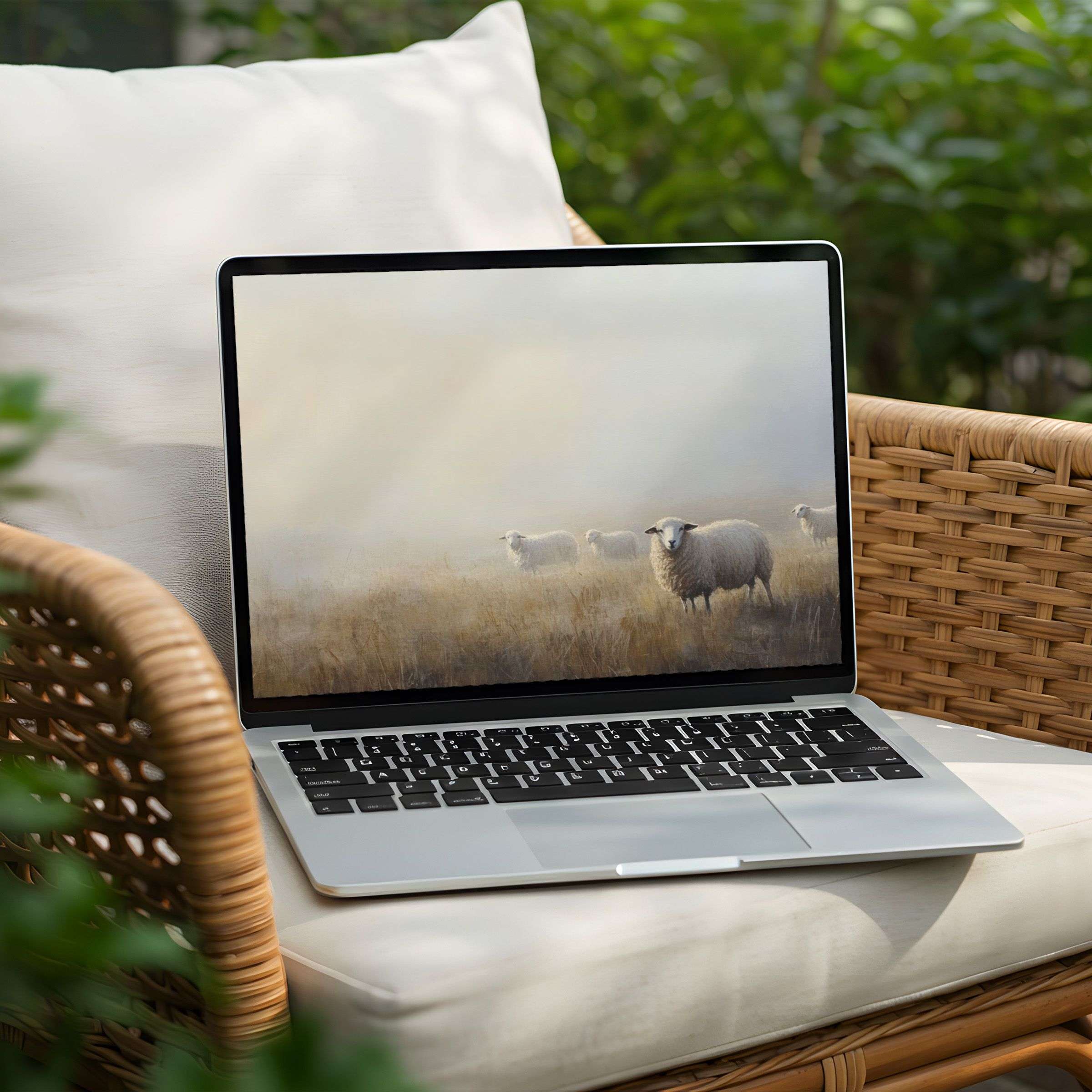 Serene sheep in a misty field on this elegant desktop background bring calm inspiration to your PC and Laptop instant download