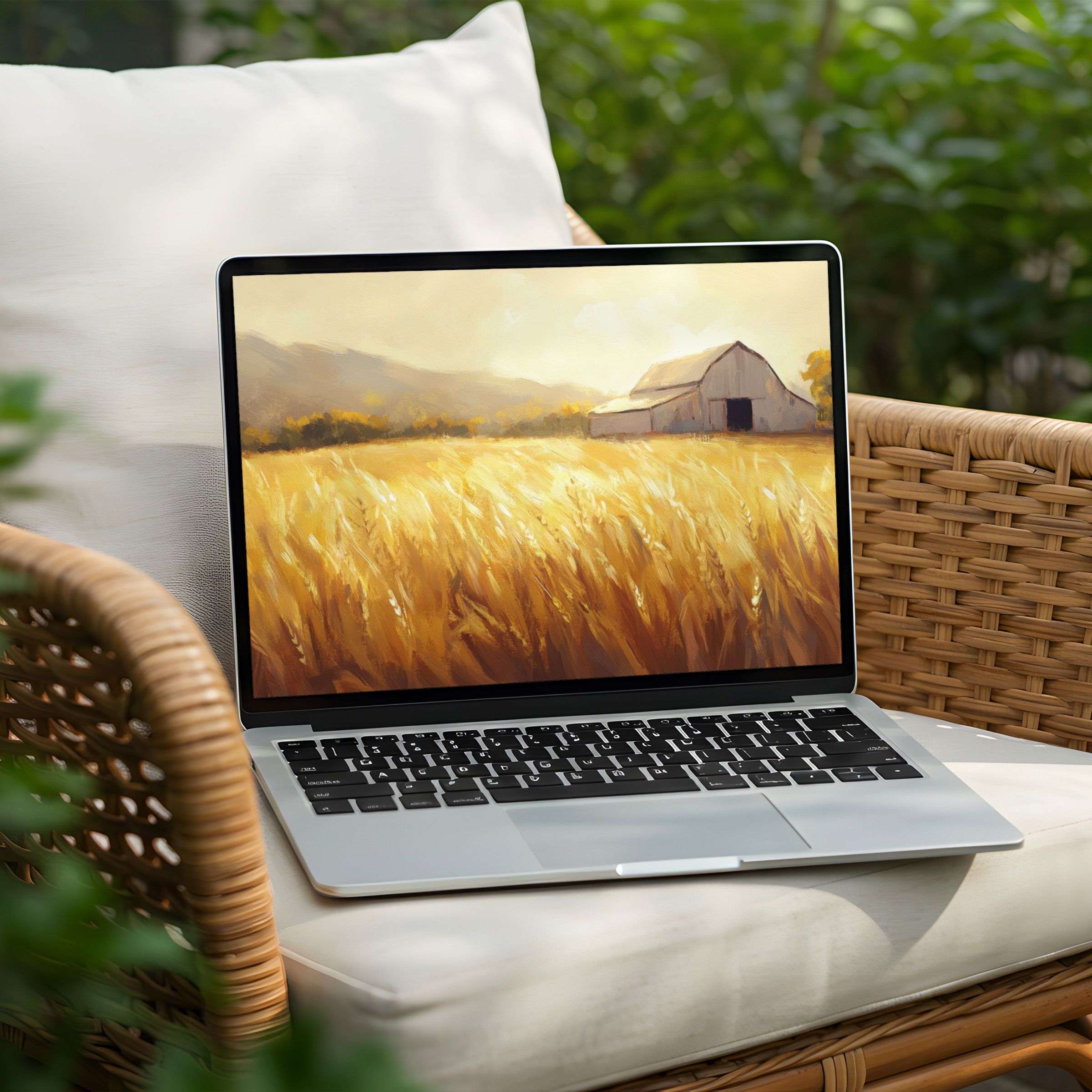 Warm golden field painting for desktop background evokes calm and inspiration on PC or Laptop instant download for elegance