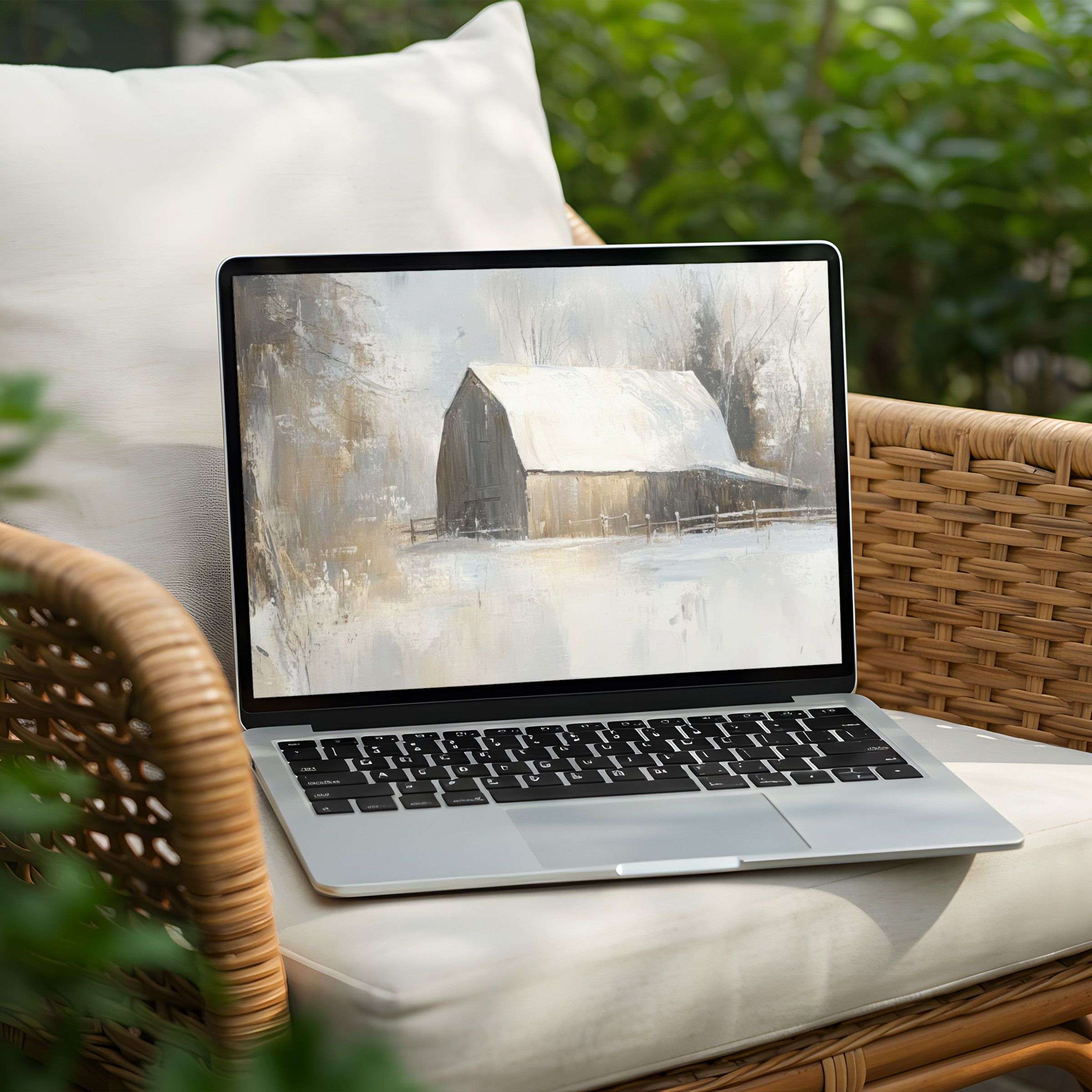 Serene barn painting on PC and Laptop desktop background; download instantly for a calming, elegant, mindfulness-inspired aesthetic