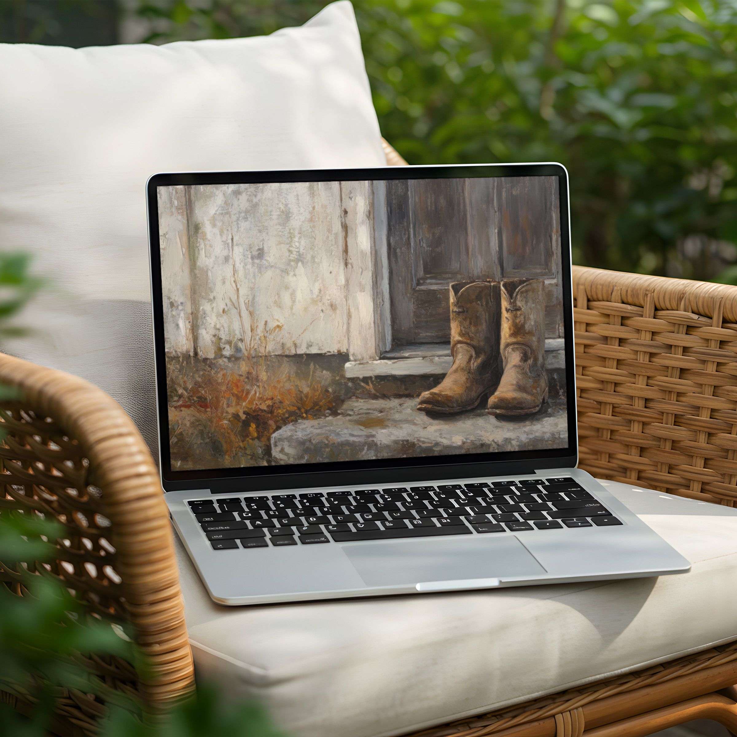 Calming rustic boots painting on PC desktop background for an elegant instant download to elevate your Laptop screen ambiance