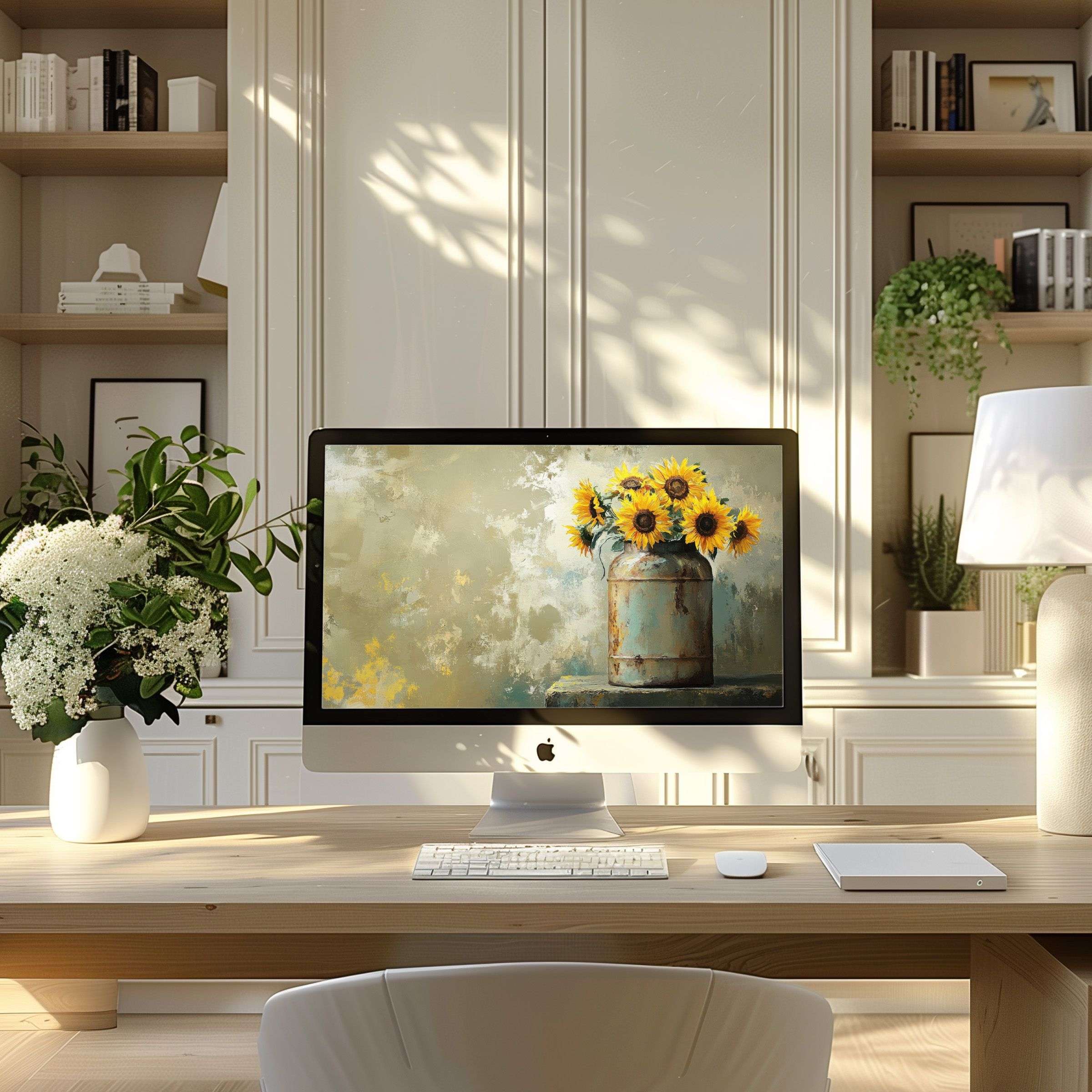 Elegant sunflowers on digital wallpaper for computer providing calm and inspiration in modern home office fits PC and Laptop