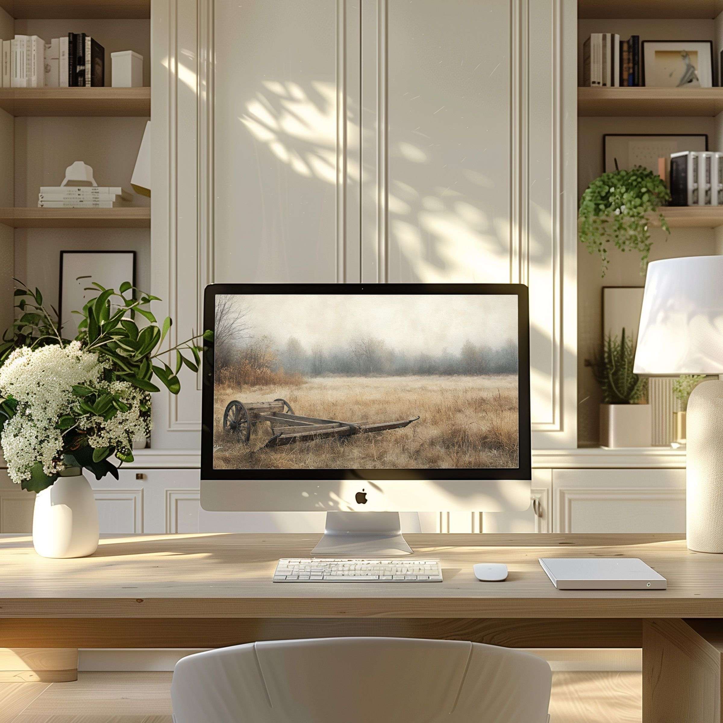 Elegant digital landscape art as a wallpaper for computer PC or Laptop evokes calm in a stylish modern home office setting
