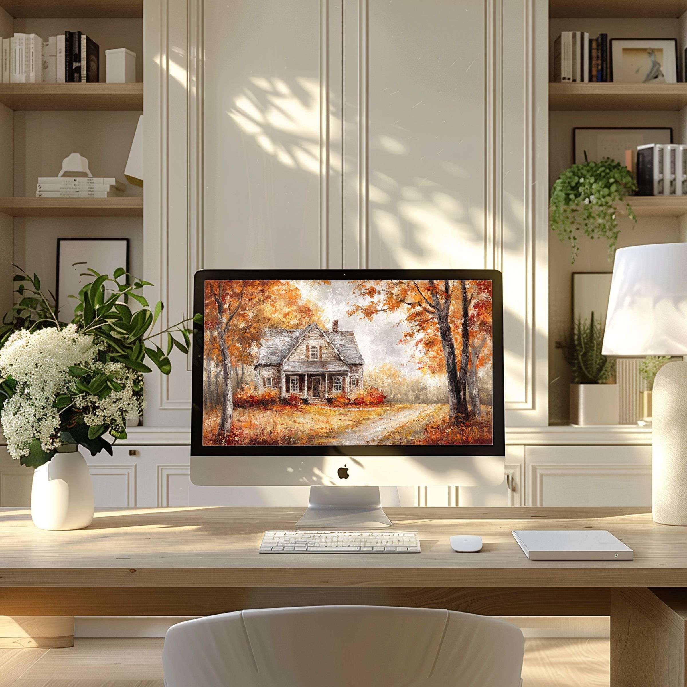 Serene autumn cottage wallpaper for computer enhances any PC or laptop with elegance, perfect for a modern home office setup