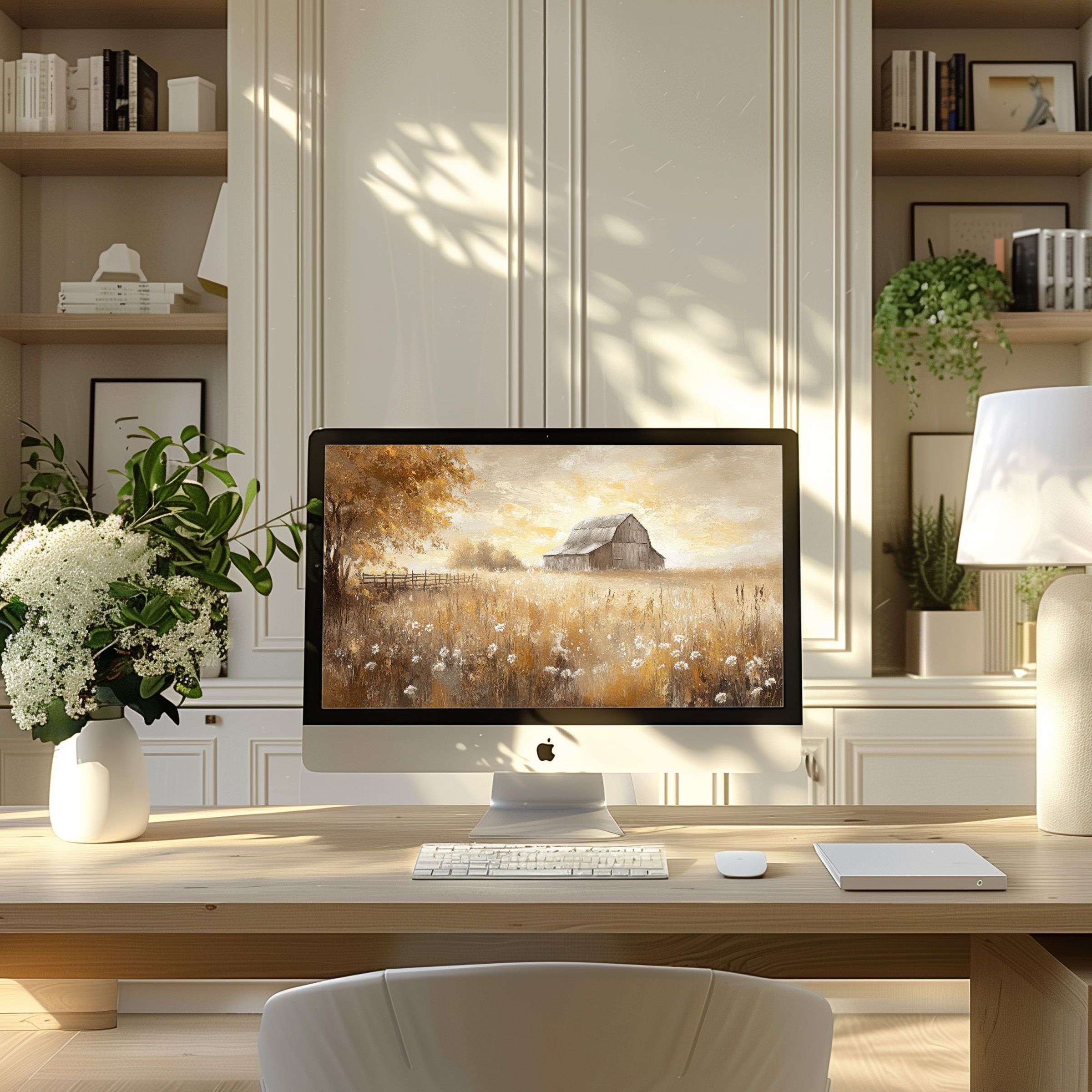 Calming sepia meadow scene wallpaper for computer enhances modern home office elegance, fits PC and laptop, digital download