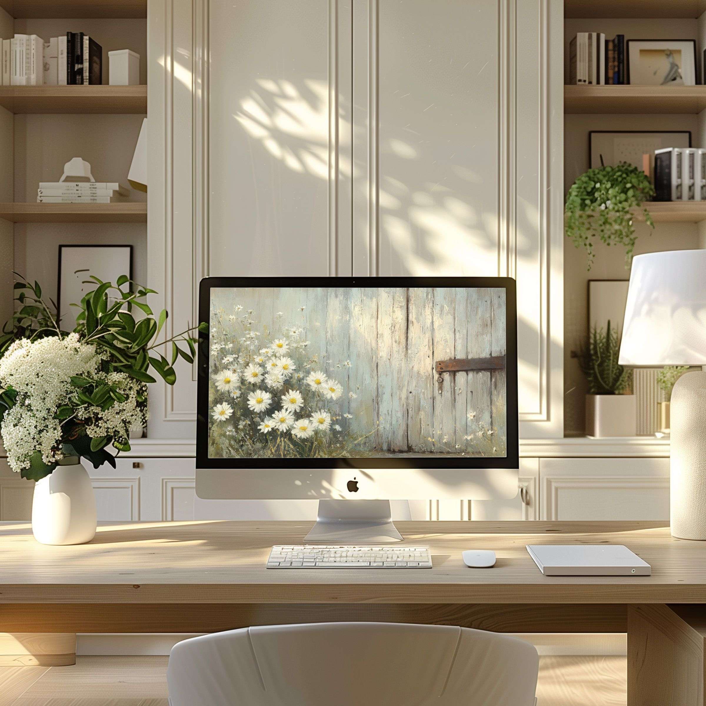 Inspire elegance with this serene daisy motif wallpaper for computer, perfect for PC and laptop in a modern, calming workspace