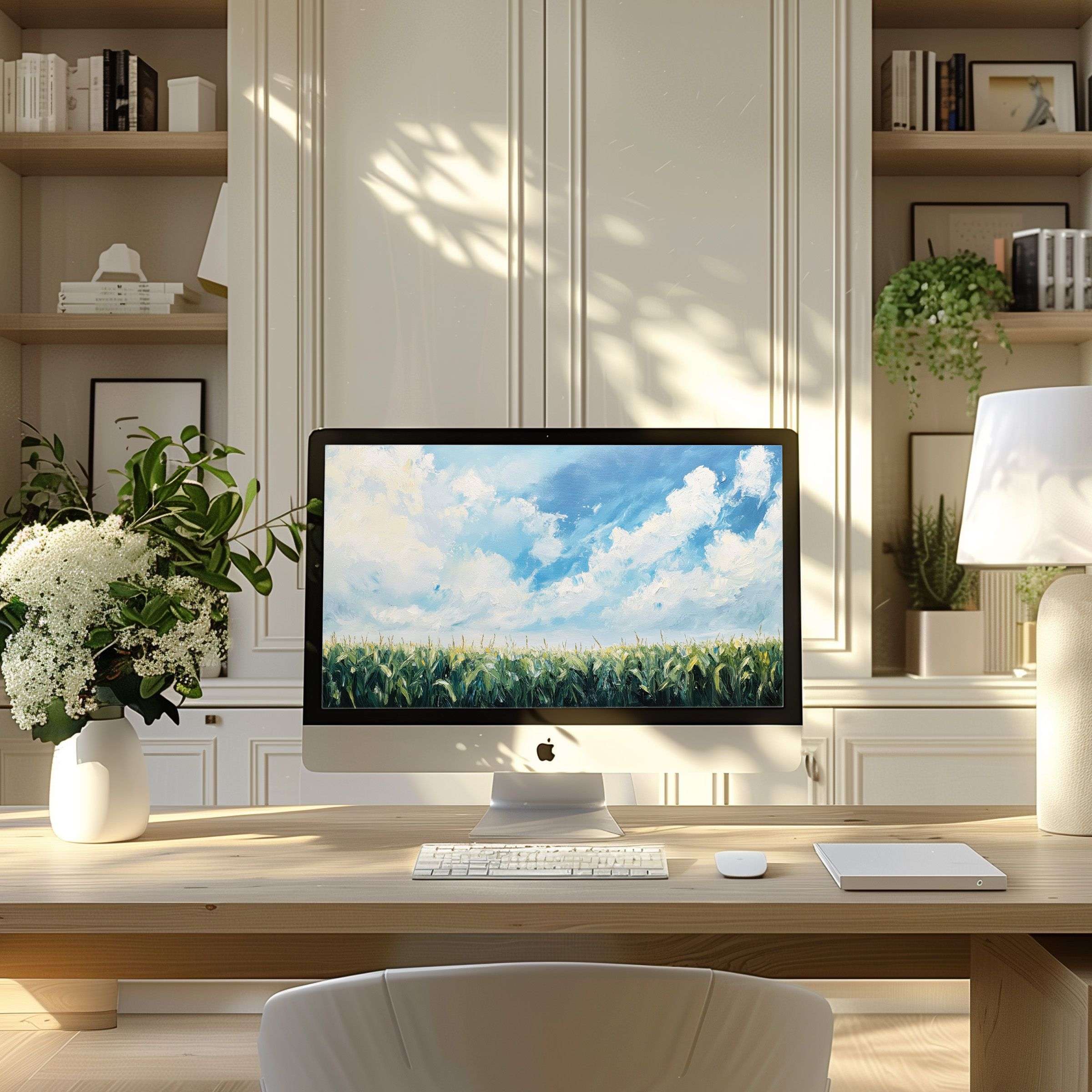 Elegant digital art wallpaper for computer on a modern desk brings calm inspiration to any PC or laptop setup