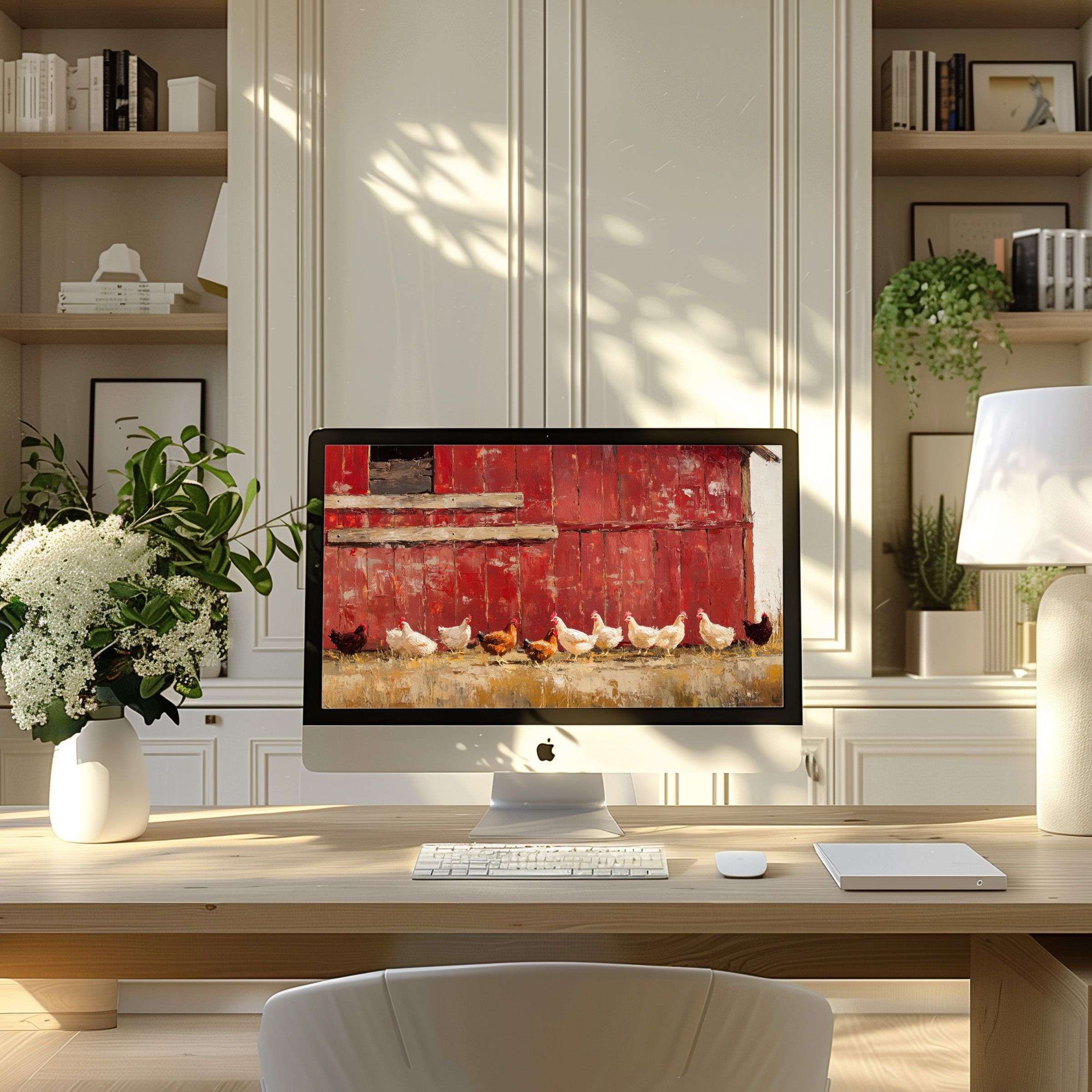 Elegant red-hued rustic barn motif wallpaper for computer elevates any PC or laptop setup, inspiring a calm modern home office ambiance