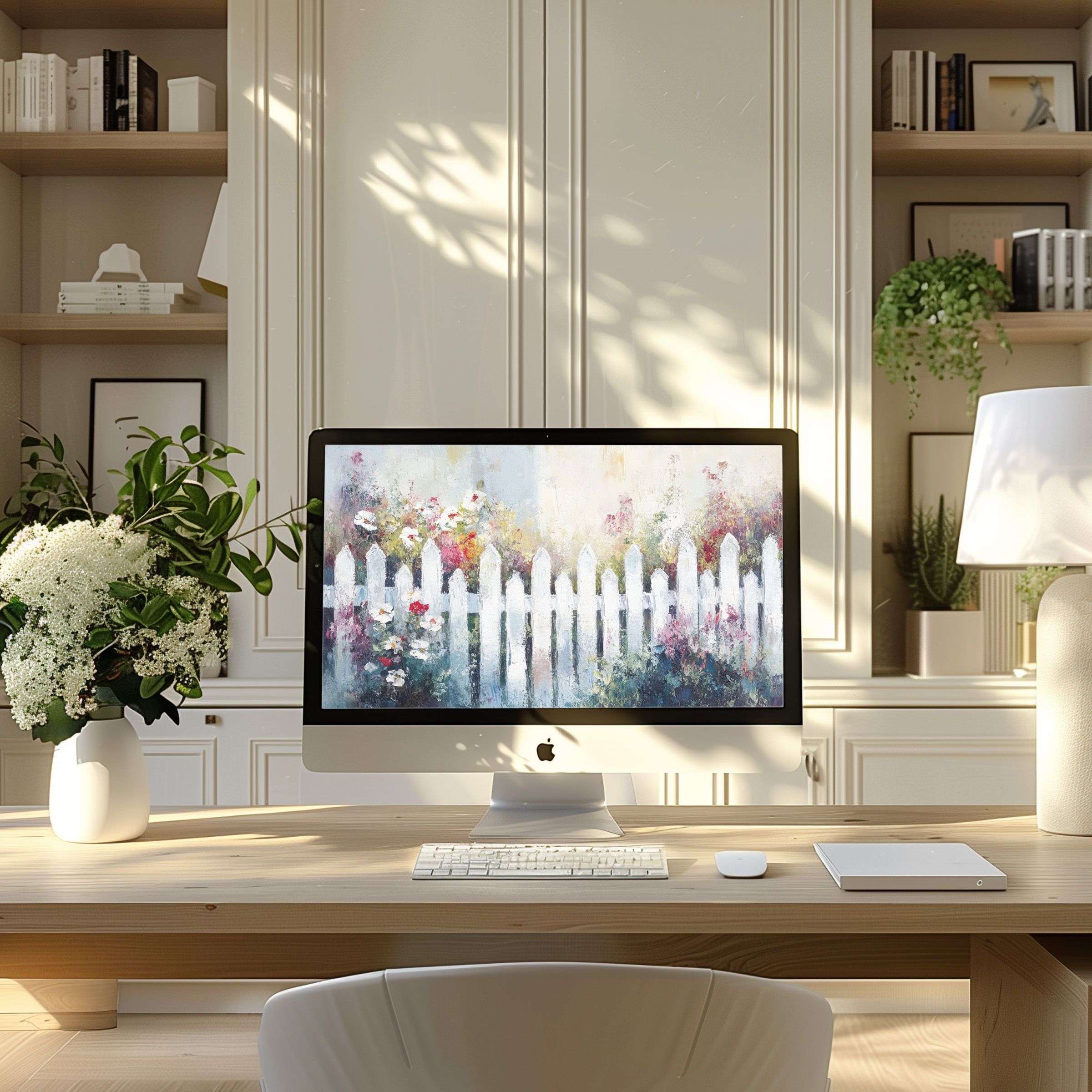 Elegant floral art wallpaper for computer inspires calm in a modern home office setting; perfect for PC, Laptop use