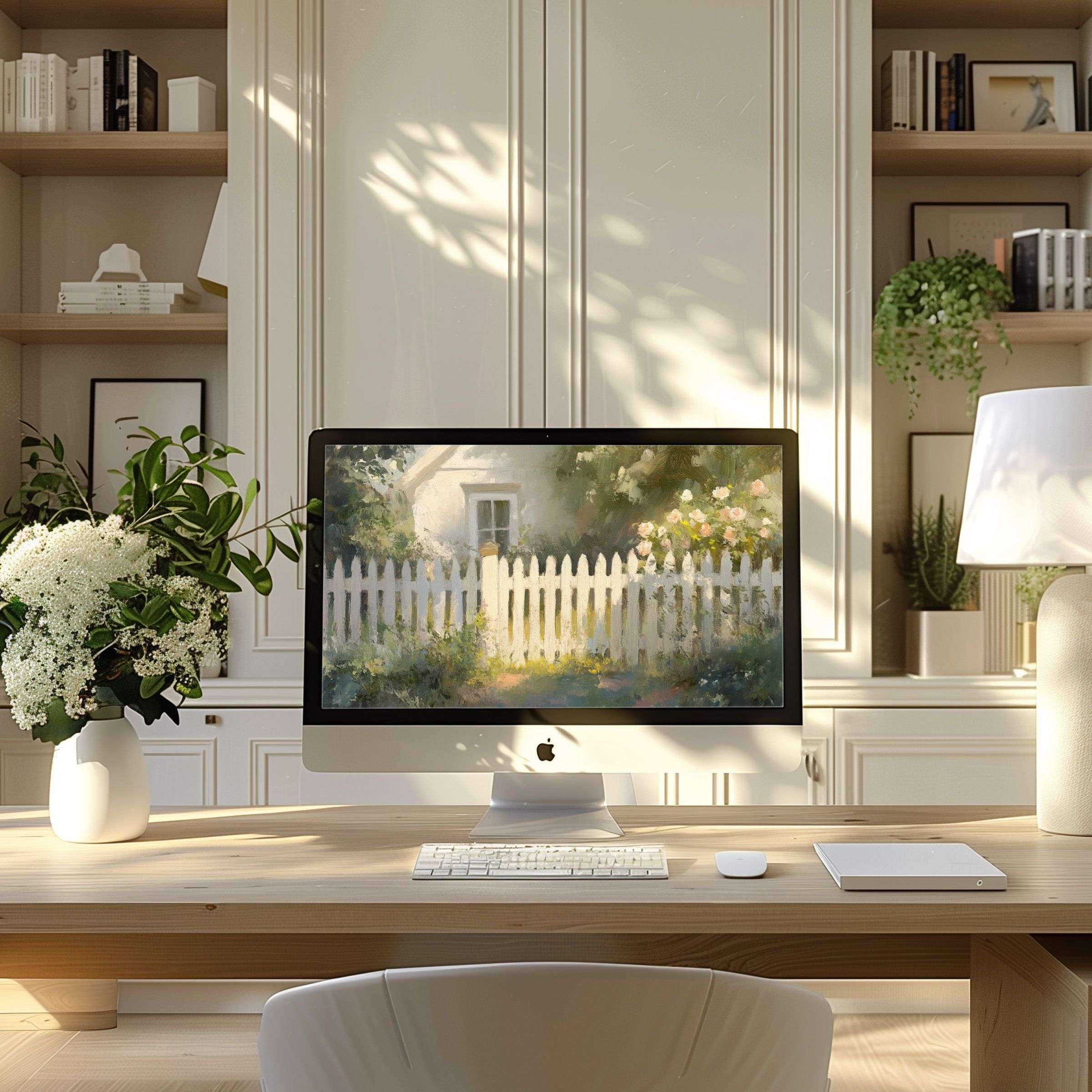 Elegant digital art wallpaper for computer, enhancing calm and inspiration in modern home office with PC and laptop compatibility