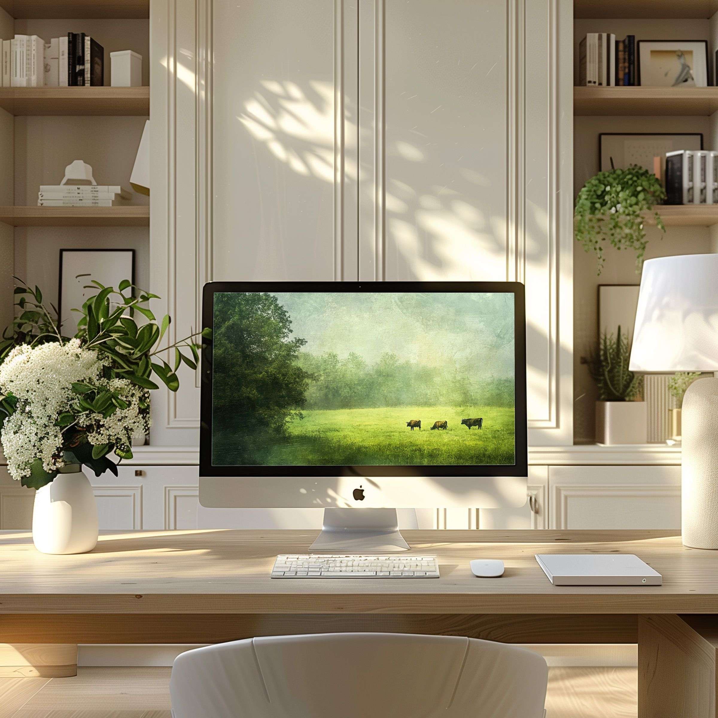 Elegant landscape wallpaper for computer with tranquil green fields, perfect for PC or laptop in a soothing modern home office