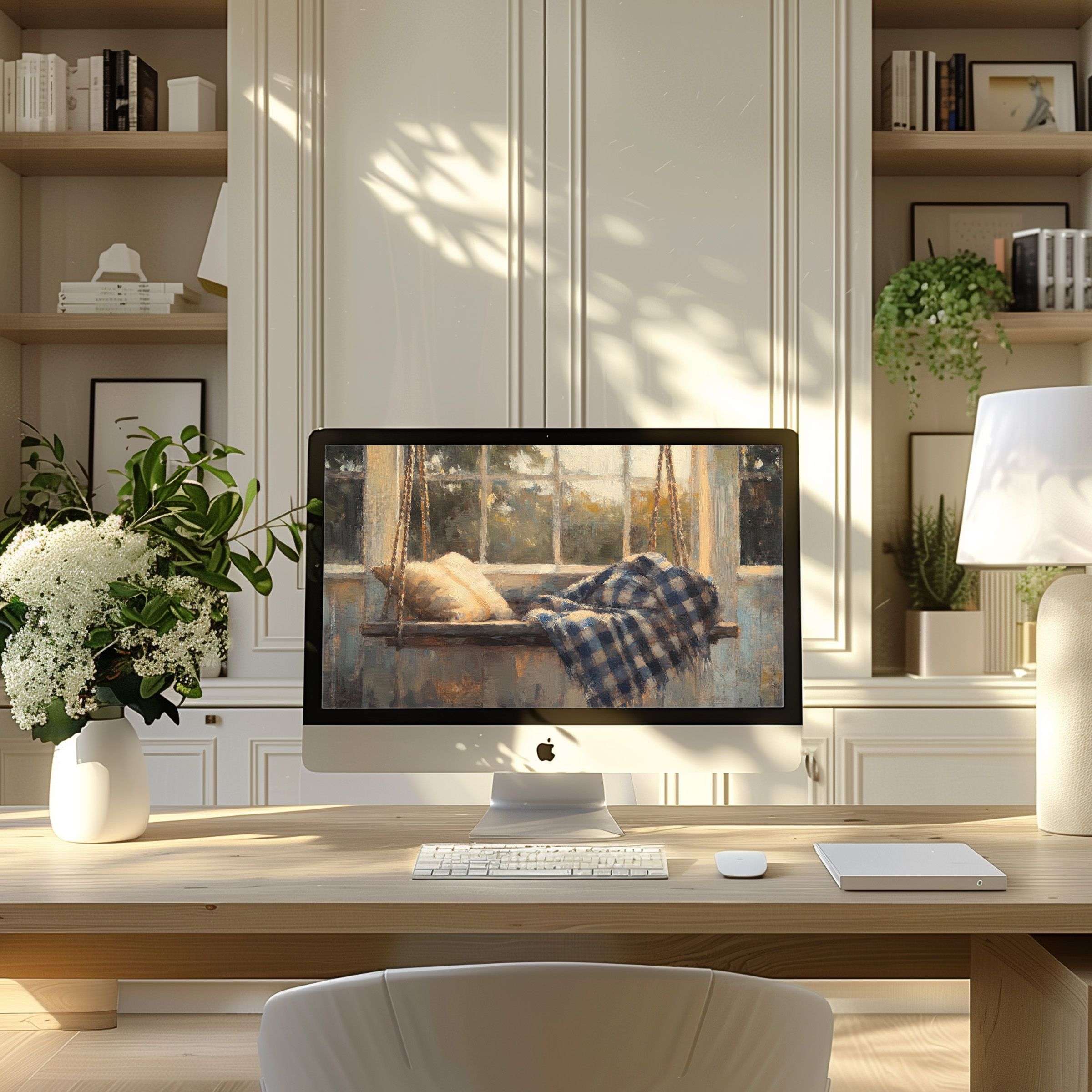 Calming digital artwork in warm tones, perfect wallpaper for computer or laptop, enhancing your PC and modern home office design