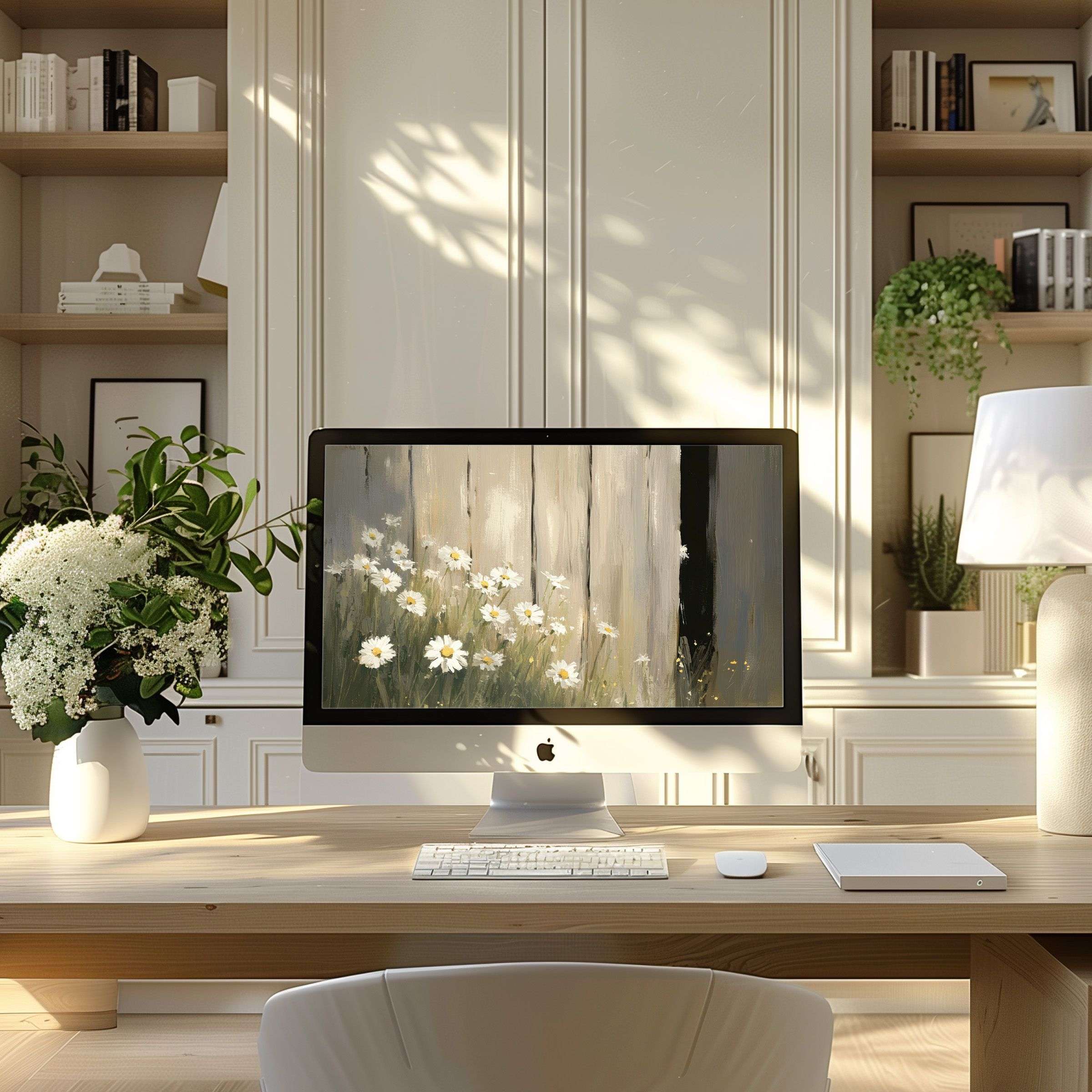 Elegant digital art of daisies on weathered wood offers calm inspiration as wallpaper for computer PC or laptop in modern home office