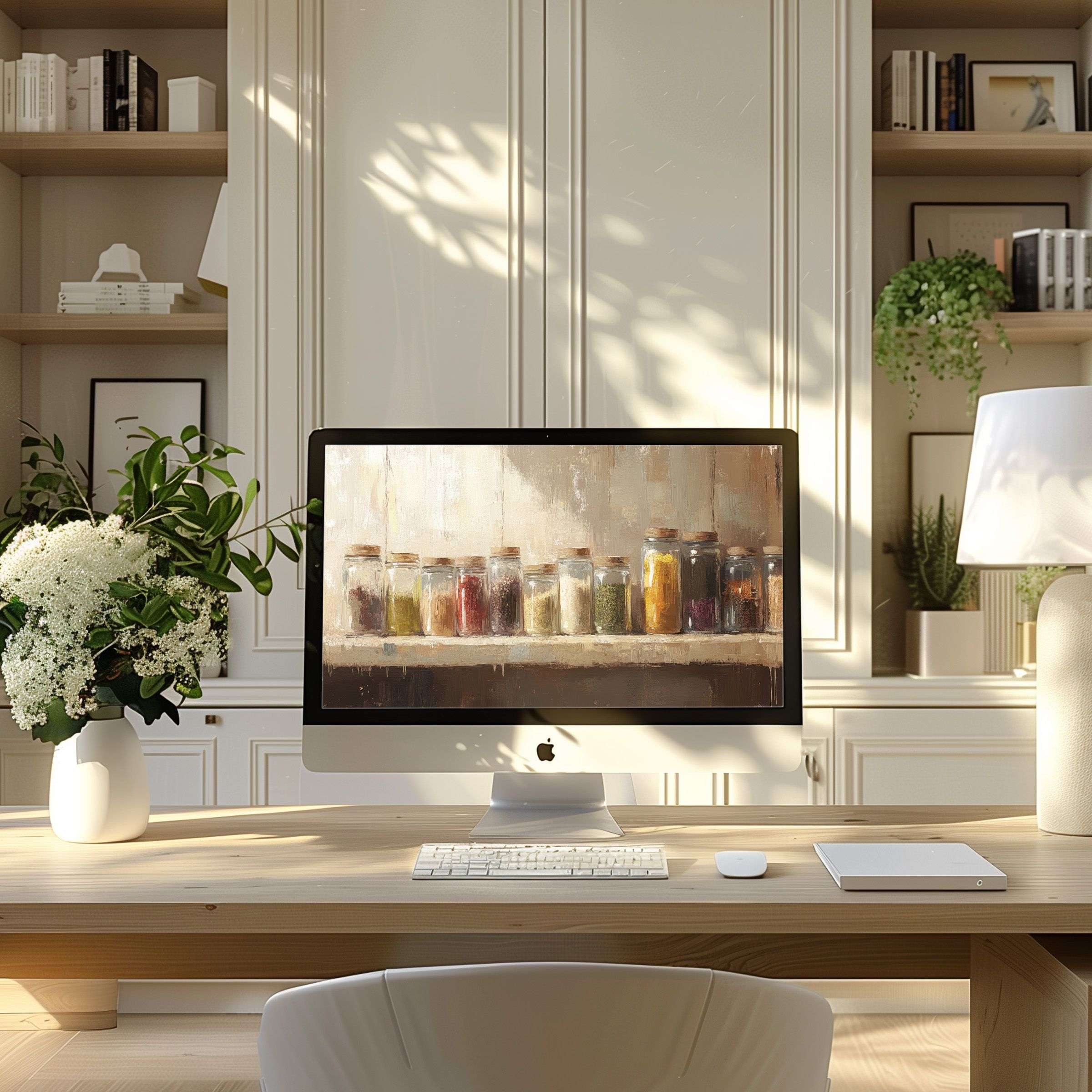 Elegant digital art of jars brings calm inspiration to a modern home office wallpaper for computer PC and laptop download