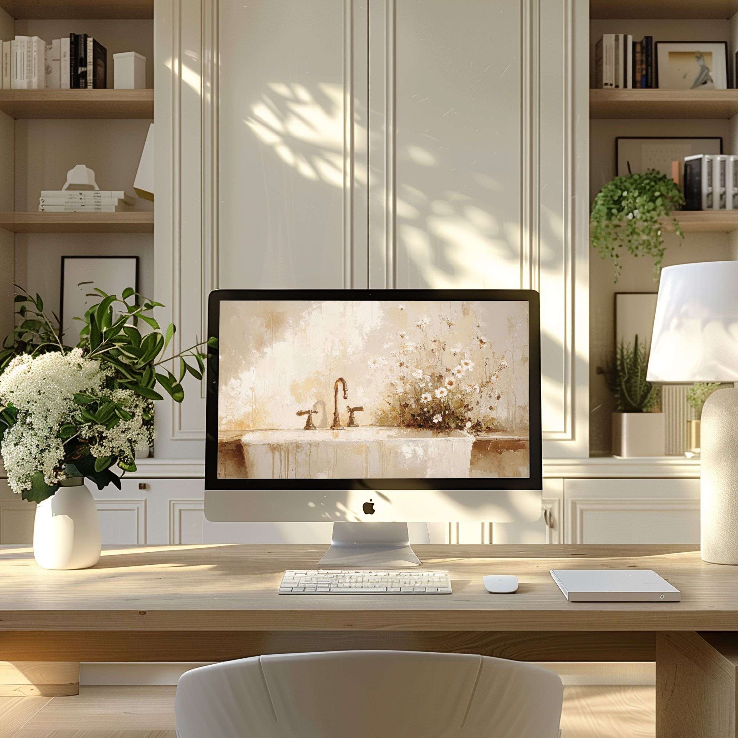 Elegant floral wallpaper for computer enhances calm modern home office decor fits PC laptop ultrawide digital download