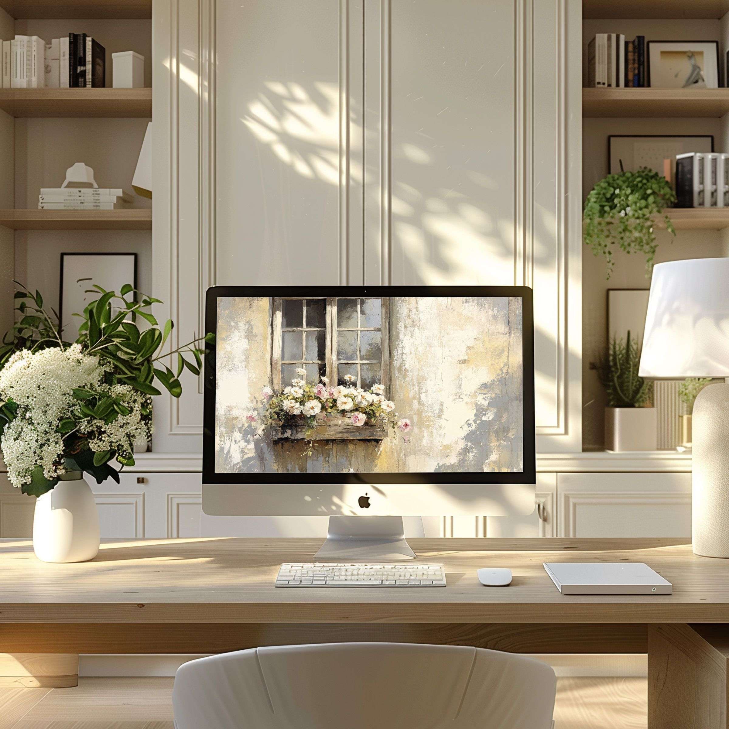 Elegant computer wallpaper featuring soft floral art enhances your modern home office, fits PC, laptop, or ultrawide setup