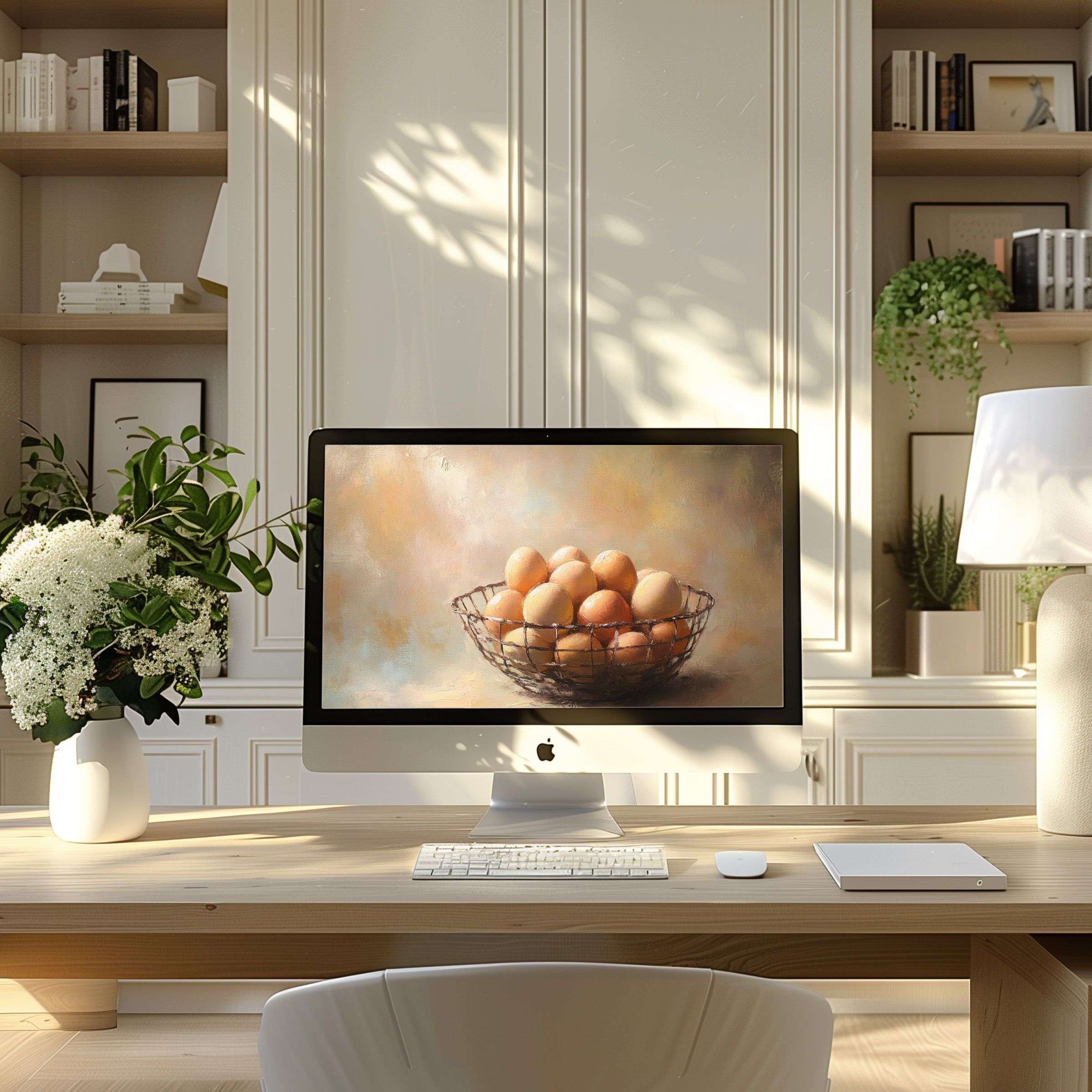 Inspiring wallpaper for computer, PC, and laptop featuring serene eggs in basket art, enhancing a modern home office with calm elegance