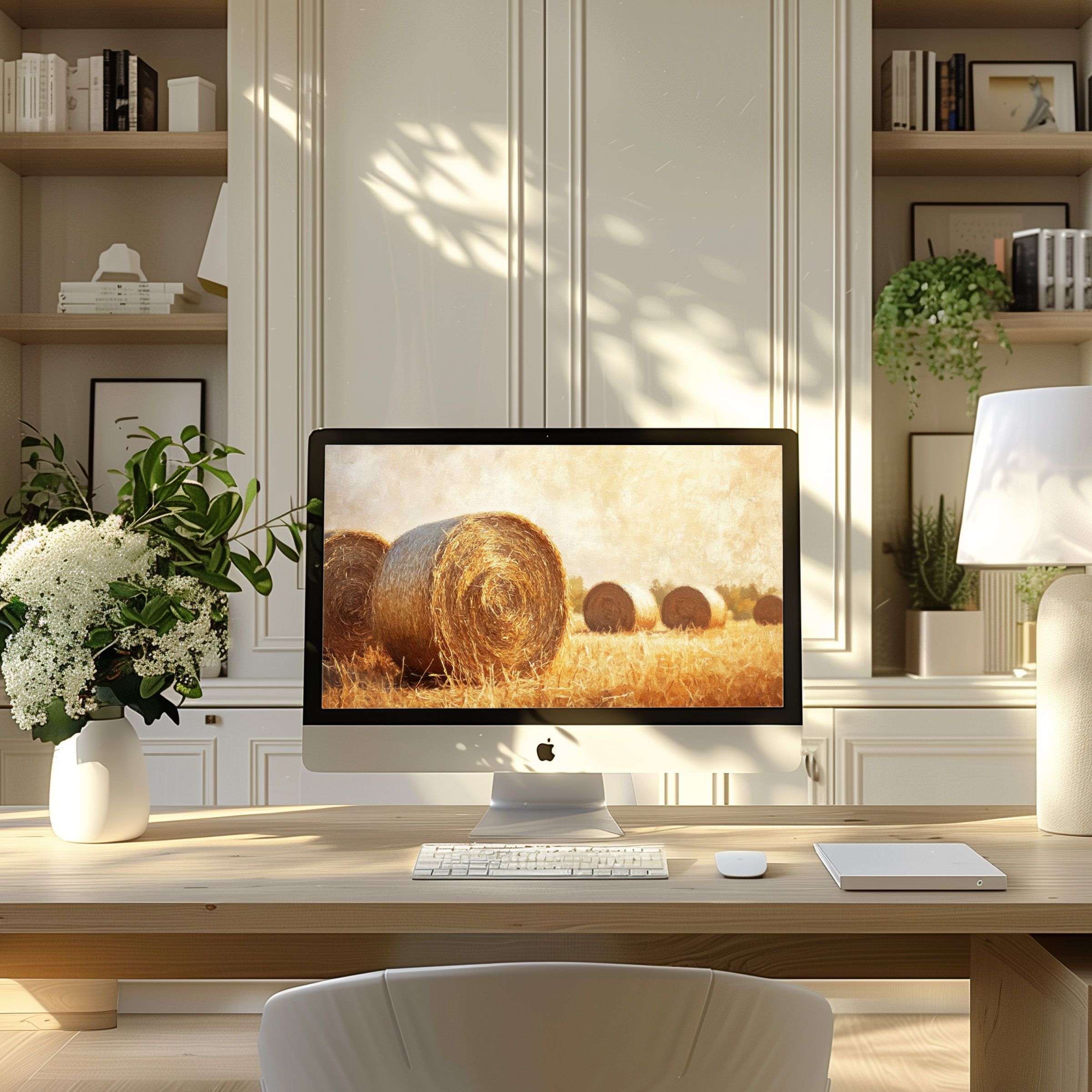 Elegant hayfield wallpaper for computer brings calm to a modern home office perfectly fitting PC, laptop, or ultrawide download