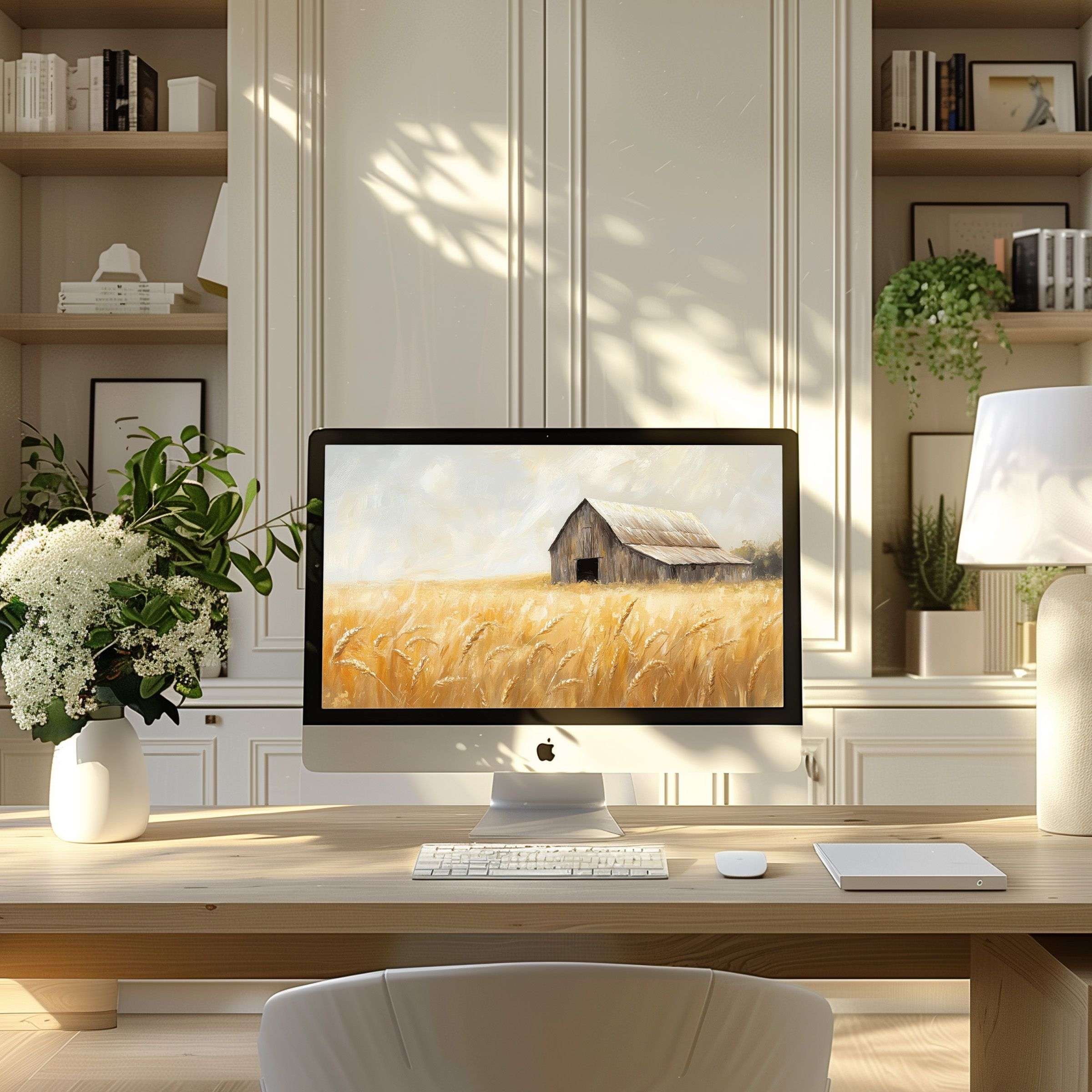 Warm, serene barn and field digital art as wallpaper for computer, PC, and laptop in an elegant modern home office setting