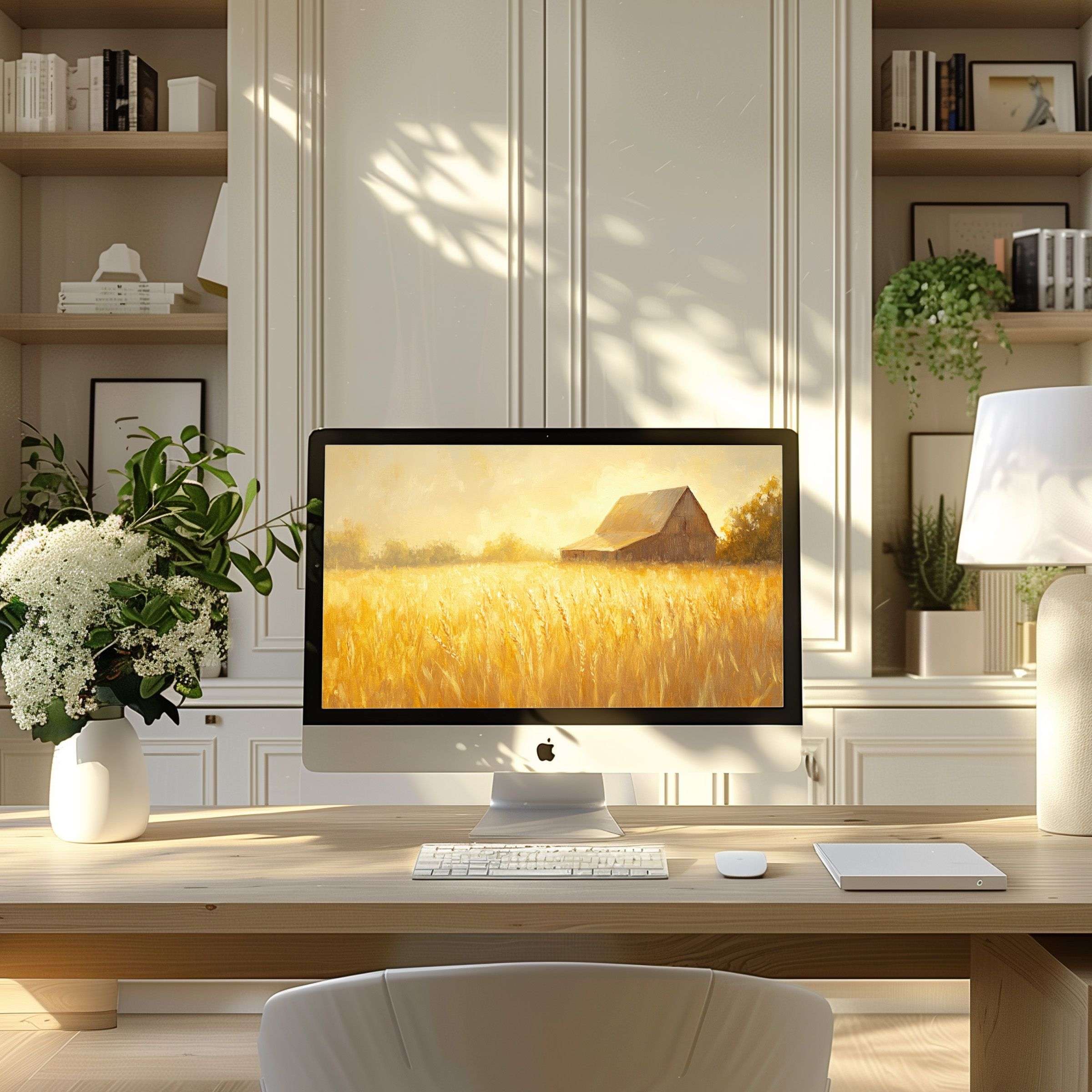 Elegant digital art of a golden wheat field creates a serene wallpaper for computer, enhancing any modern PC or laptop setup