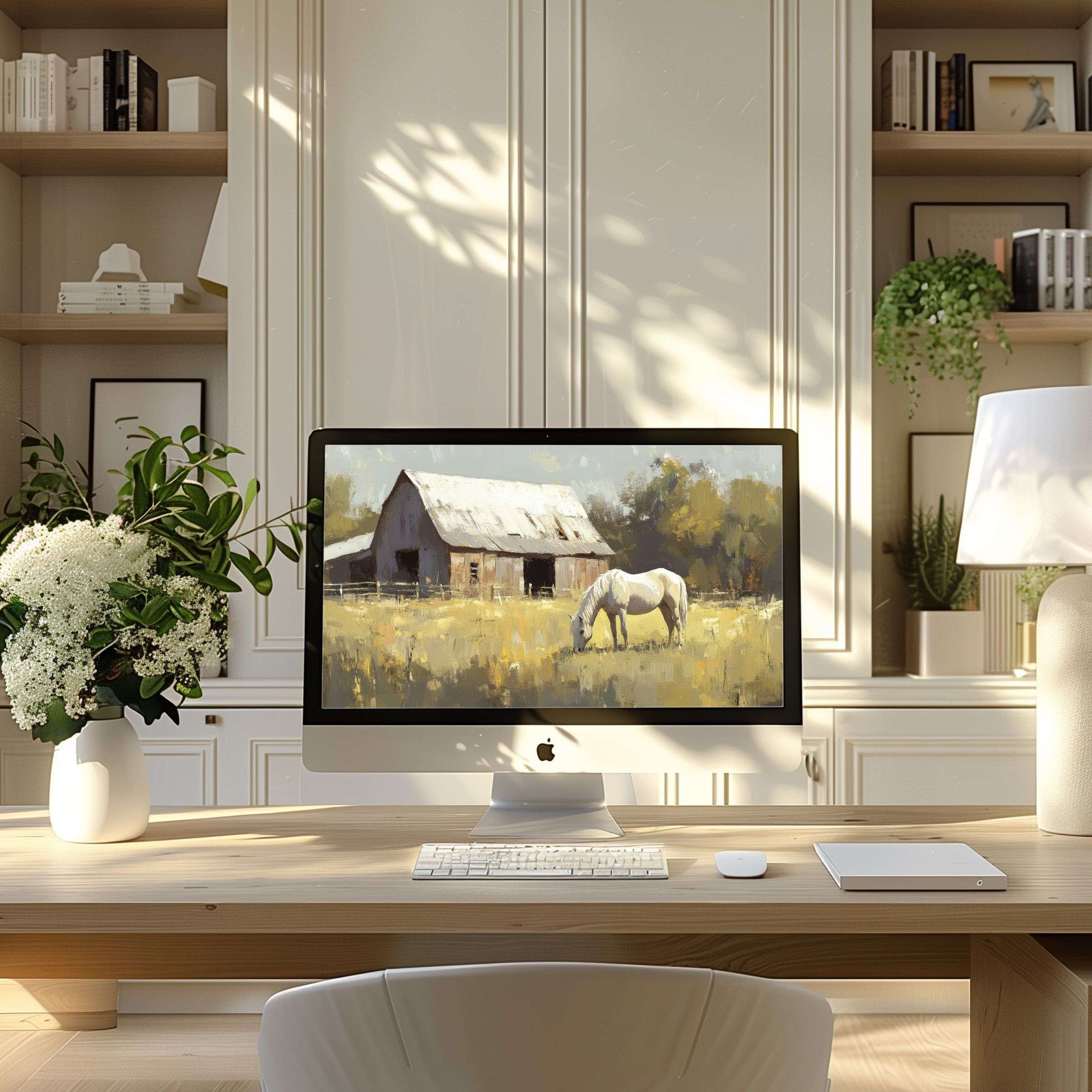 Serene digital art of a barn and horse as a wallpaper for computer enhances a modern home office with PC or laptop elegance