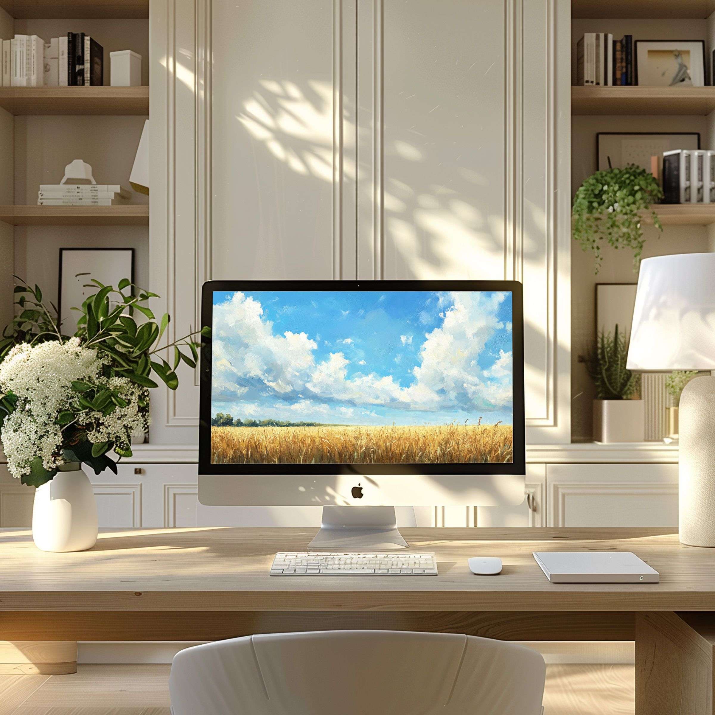 Serene landscape wallpaper for computer adds elegance to modern home office creating a calm space fit for PC or laptop use