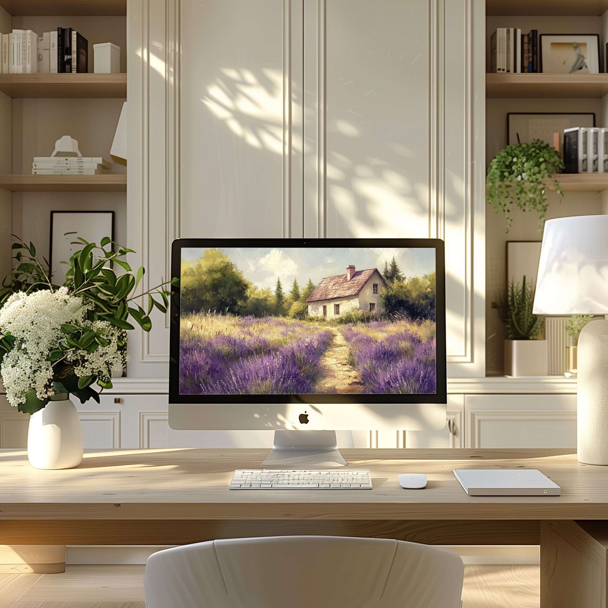 Elegant digital art offers calming lavender fields as wallpaper for computer, PC, and laptop in a modern home office setting