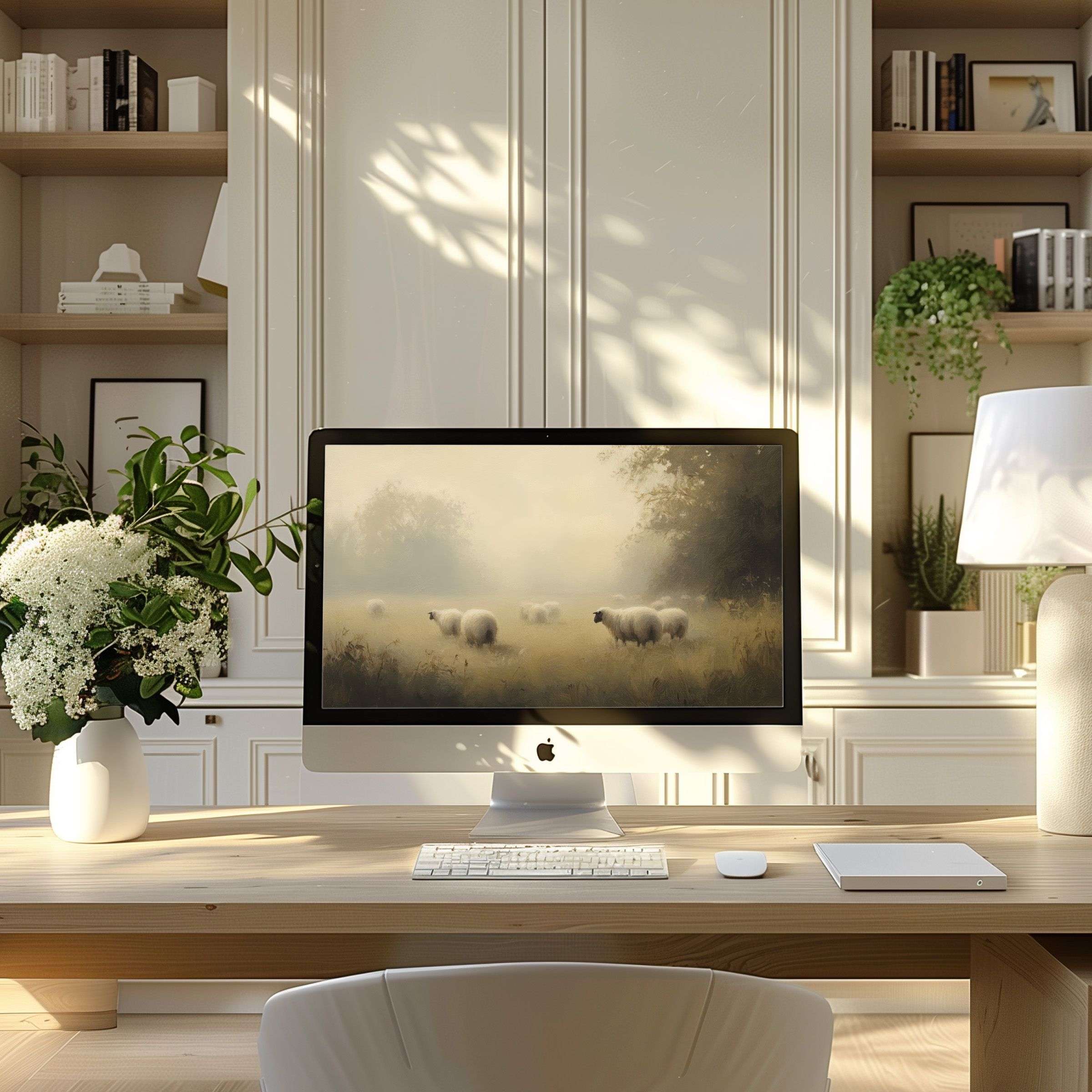 Inspiring pastoral wallpaper for computer on PC or Laptop, featuring serene sheep landscape, perfect for a modern home office atmosphere