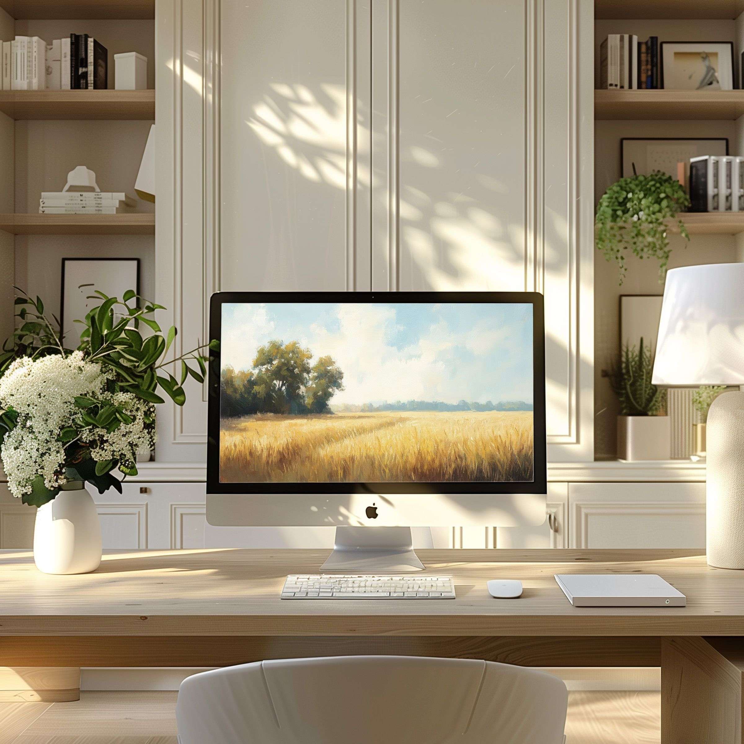Elegant digital art wallpaper for computer blending serene fields with a modern home office, perfect for PC and Laptop displays