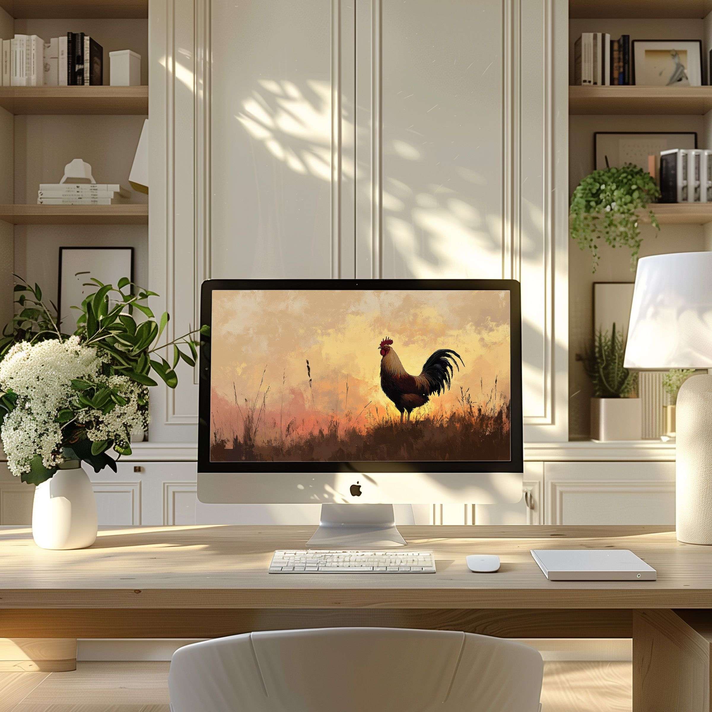 Elegant computer wallpaper for PC and Laptop features serene rooster art, perfect for modern home office inspiration and tranquility