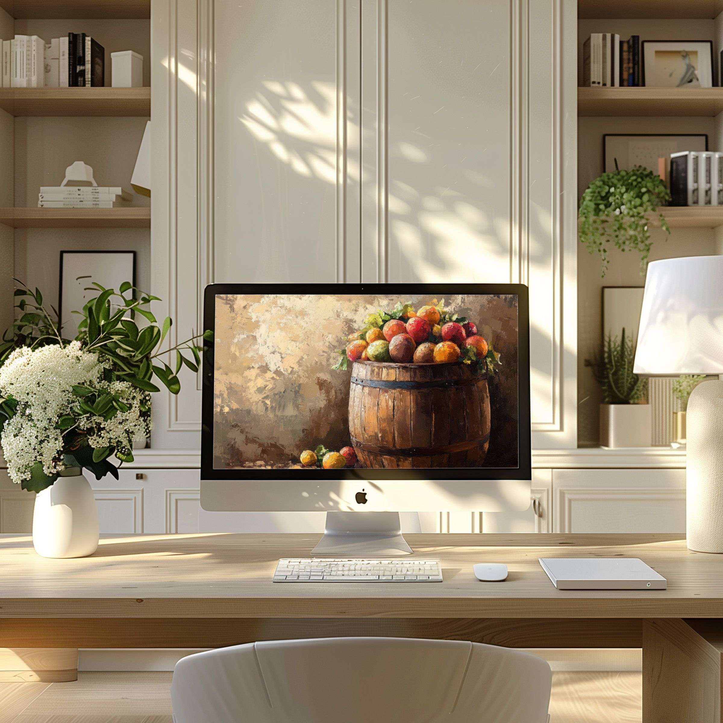 Elegant fruit barrel artwork adds calm inspiration as a wallpaper for computer, ideal for PC, Laptop or ultrawide download