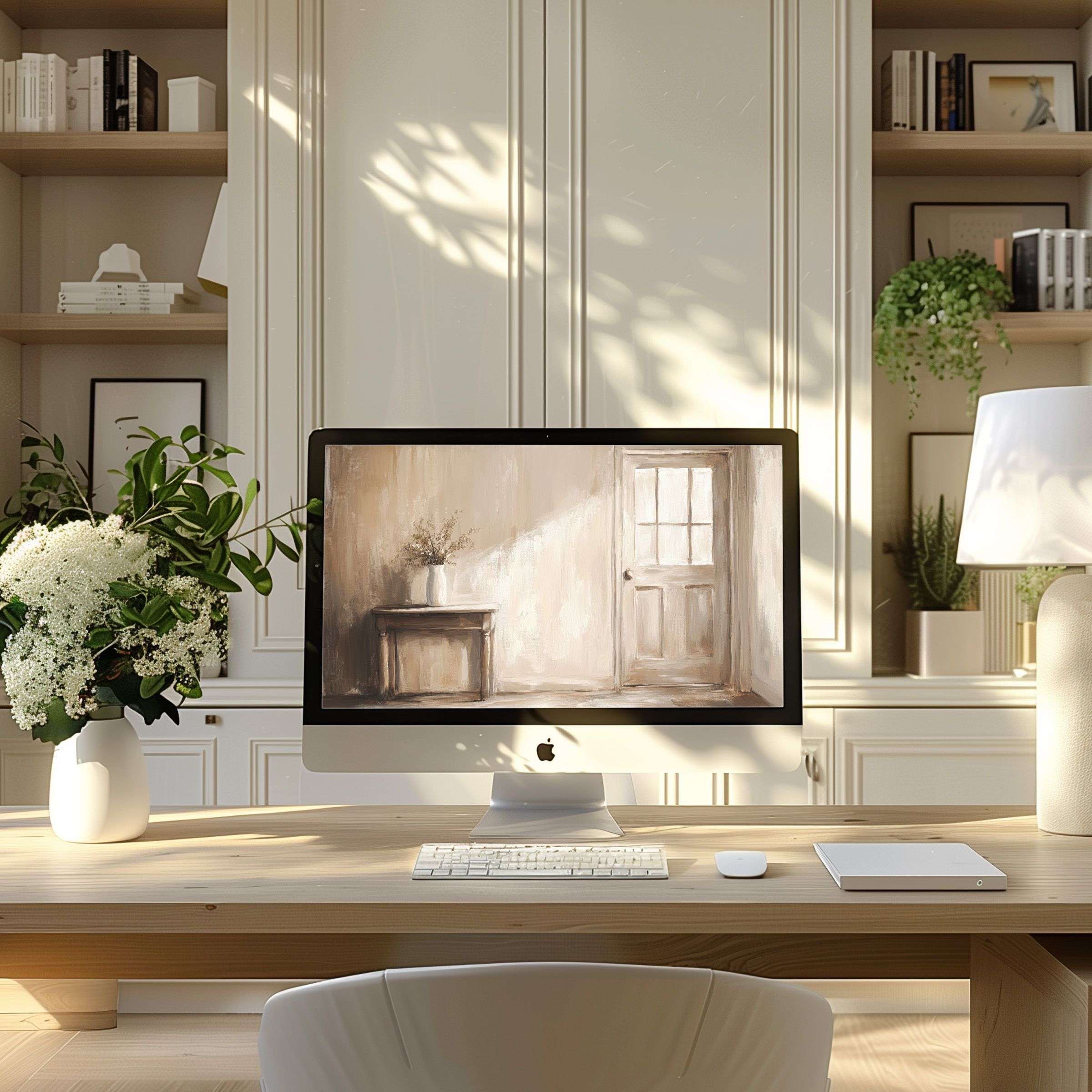 Elegant wallpaper for computer featuring calming neutrals in modern home office setting, perfect for PC, Laptop, and ultrawide screens