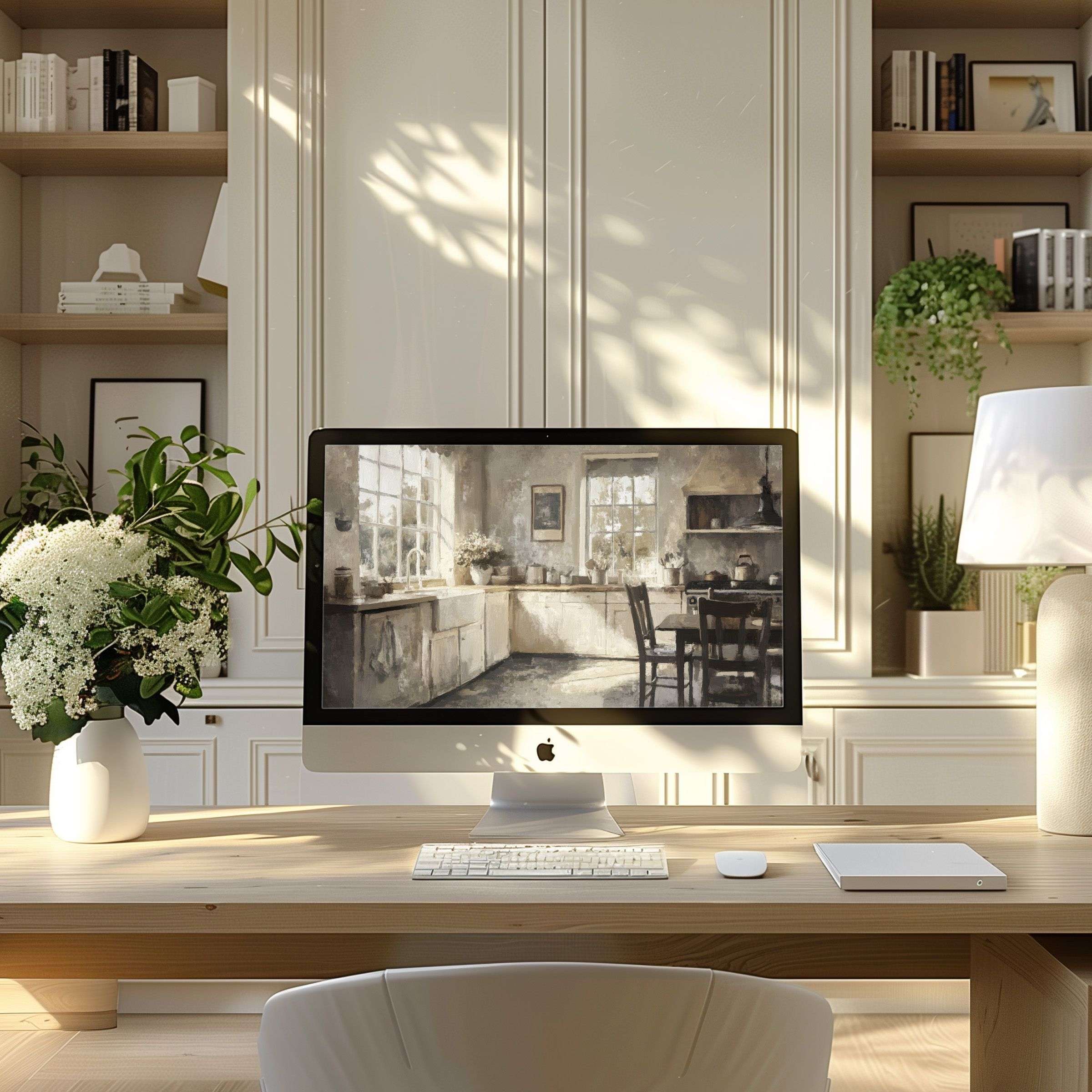 Elegant digital art wallpaper for computer and laptop enhances your modern home office, fostering calm and inspiration for your PC