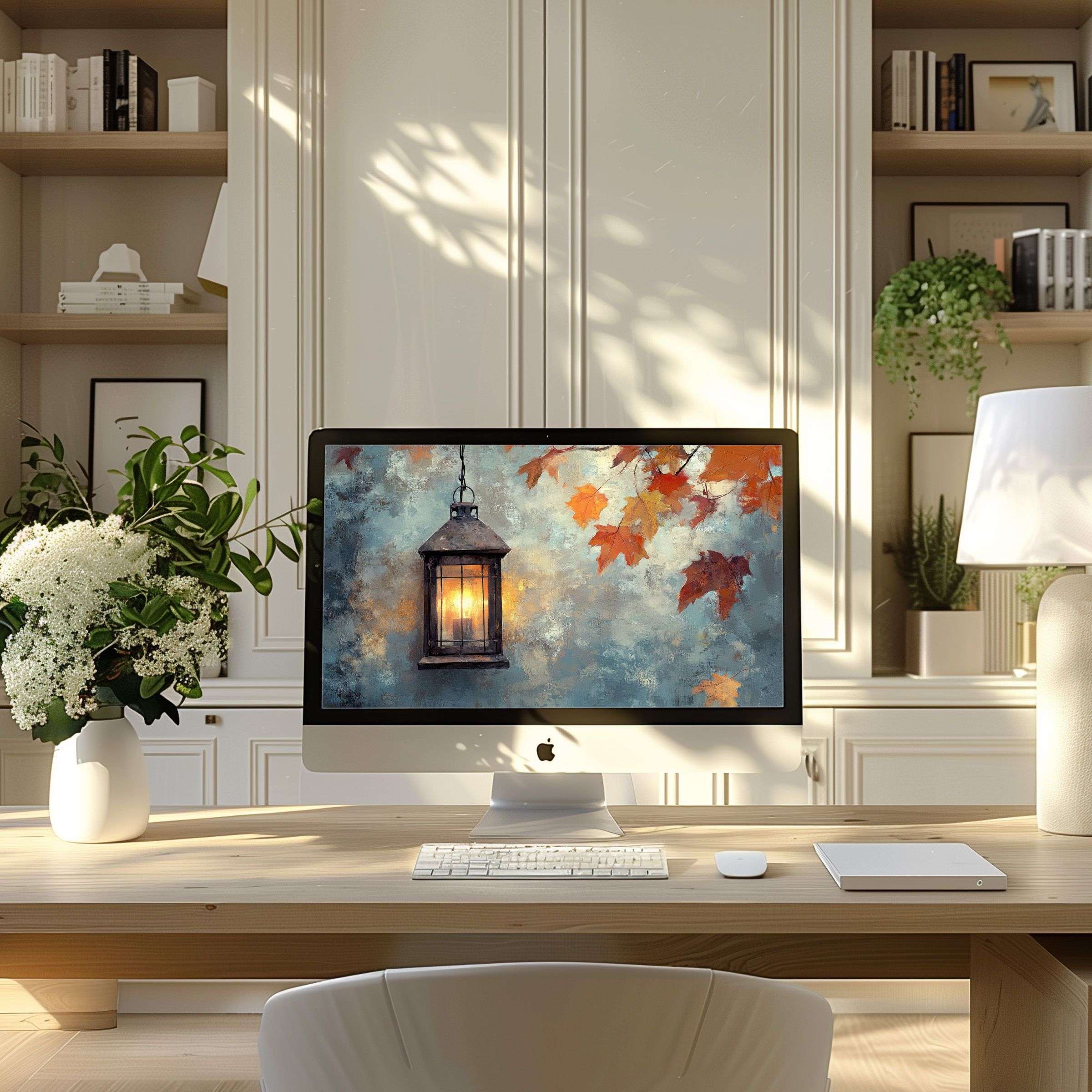 Elegant autumn lantern artwork as wallpaper for computer inspires a modern home office, fitting any PC, laptop, or ultrawide display