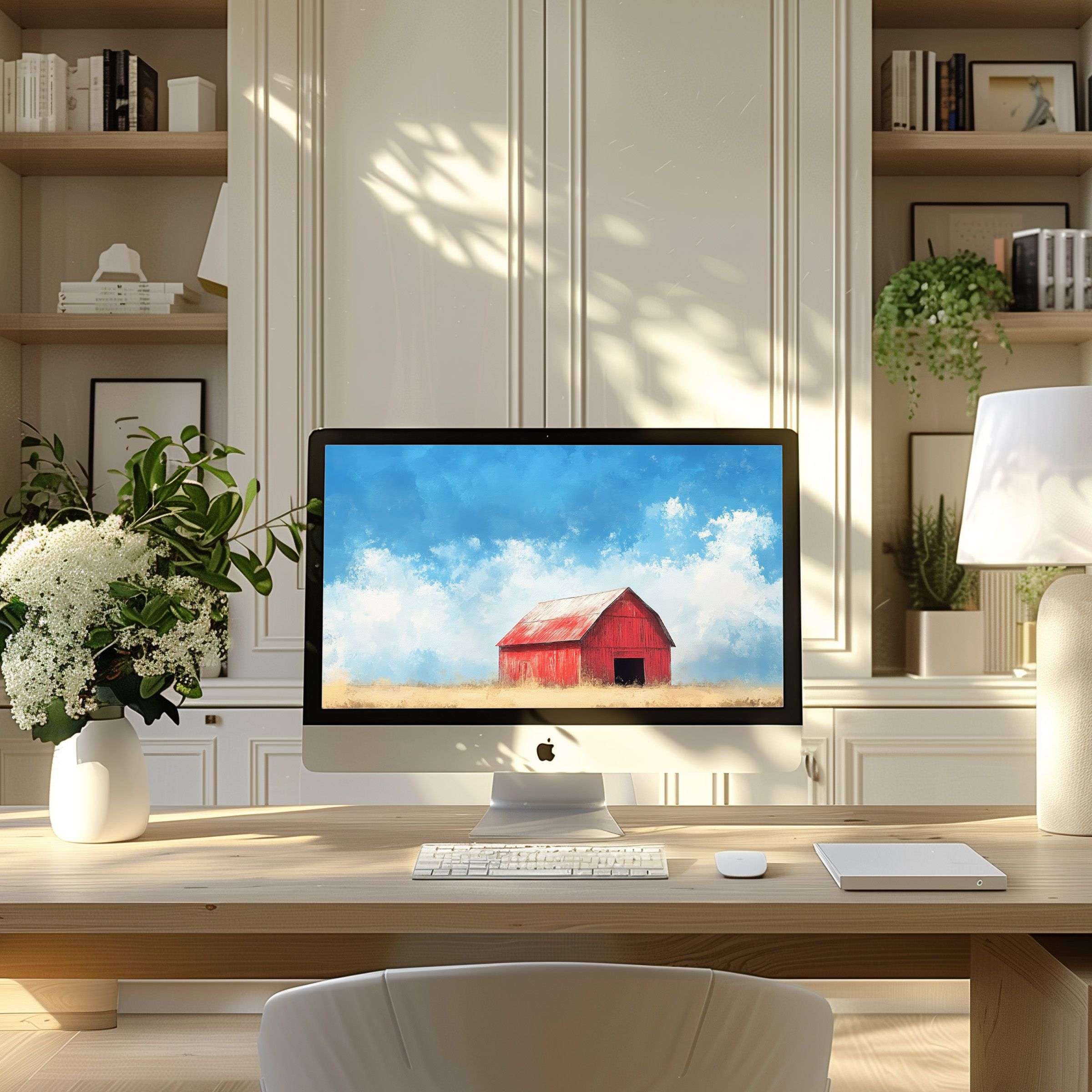 Elegant digital art with a red barn and blue sky wallpaper for computer, perfect fit for PC or Laptop, inspiring modern home office