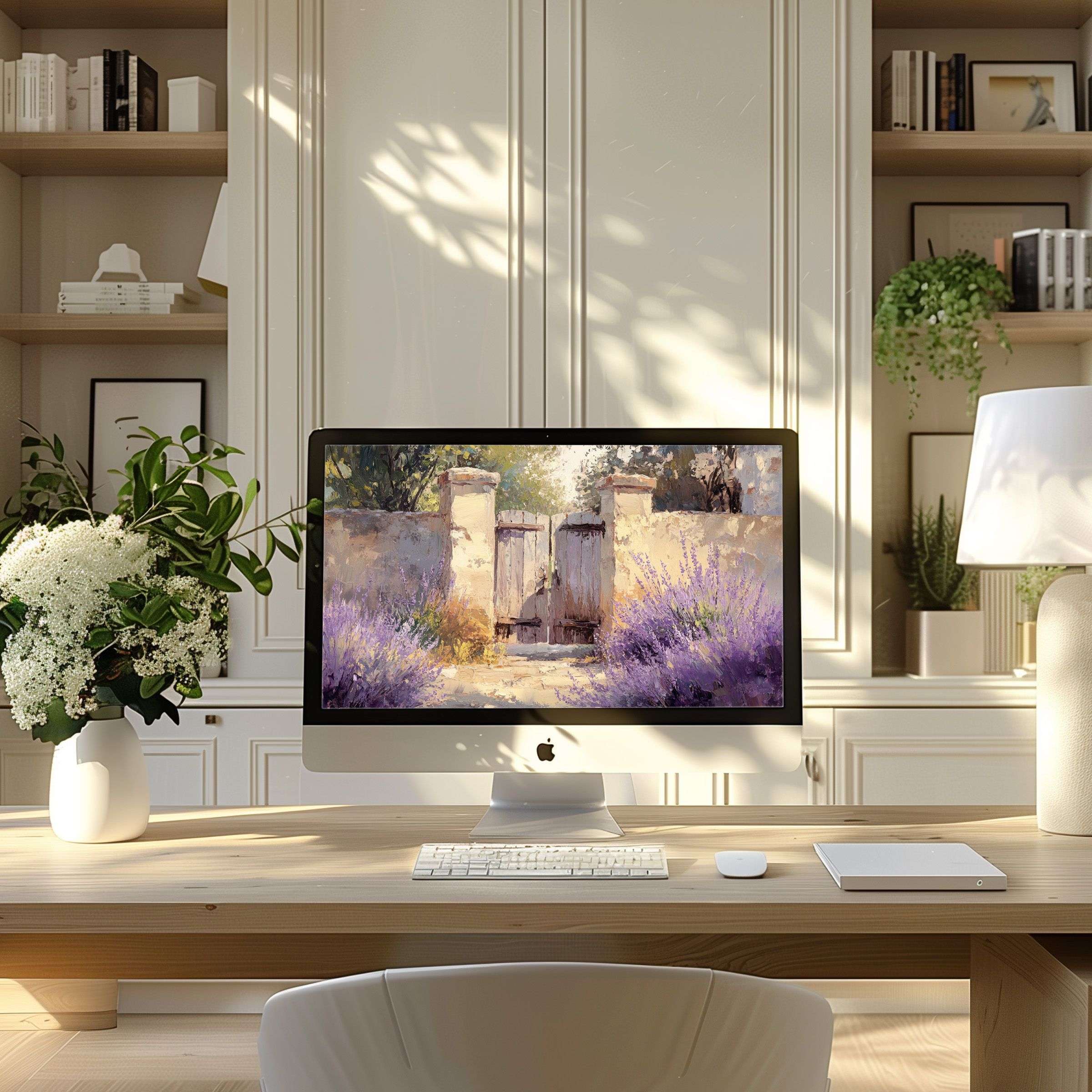 Elegant lavender-themed wallpaper for computer and laptop enhances calm, stylish ambiance in modern home office digital download