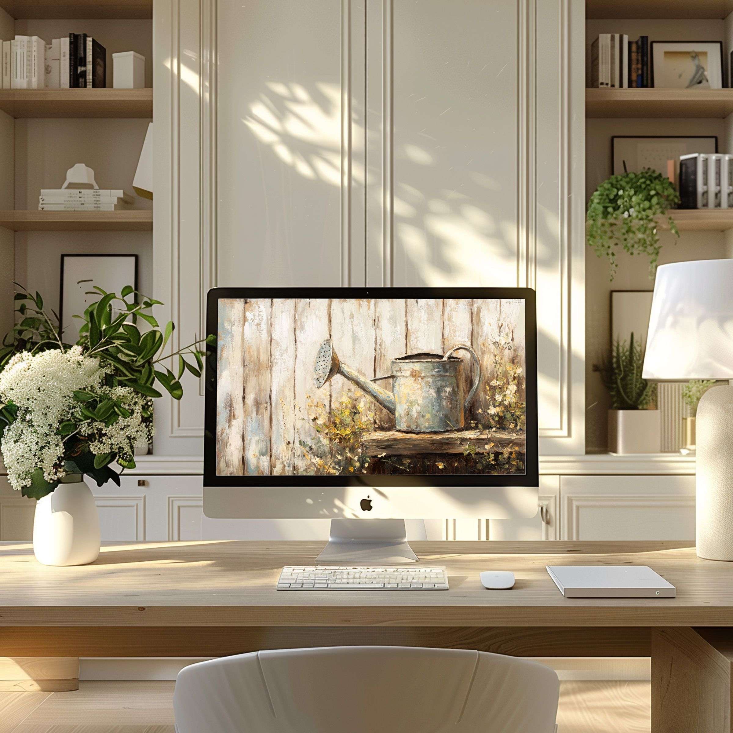 Elegant rustic watering can artwork for wallpaper enhances PC and laptop, creating calm inspiration in a modern home office setting