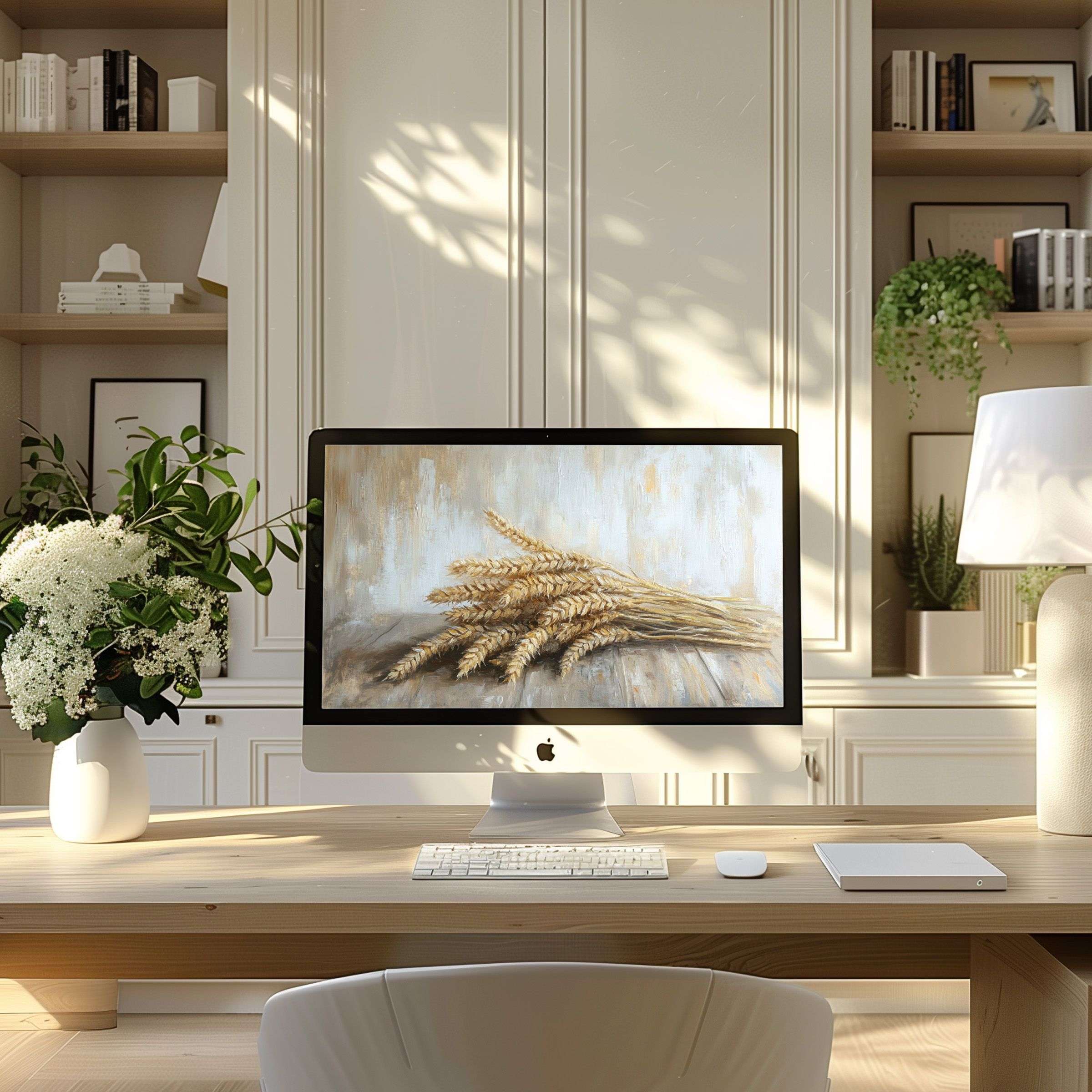 Elegant wheat motif wallpaper for computer brings calm and inspiration to any modern home office, perfect for PC or laptop screens