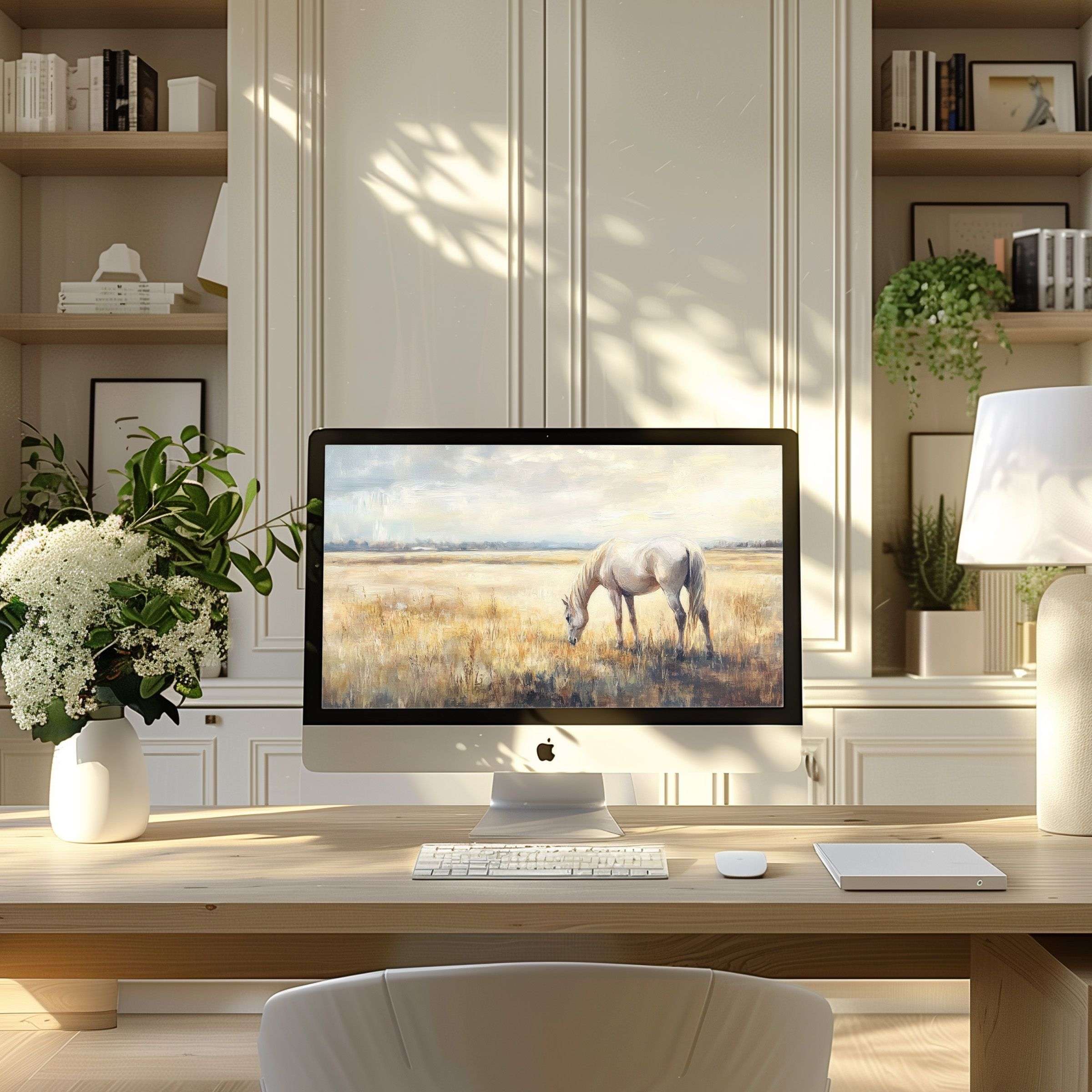 Elegant wallpaper for computer and laptop featuring serene white horse painting, perfect for inspiring modern PC home offices