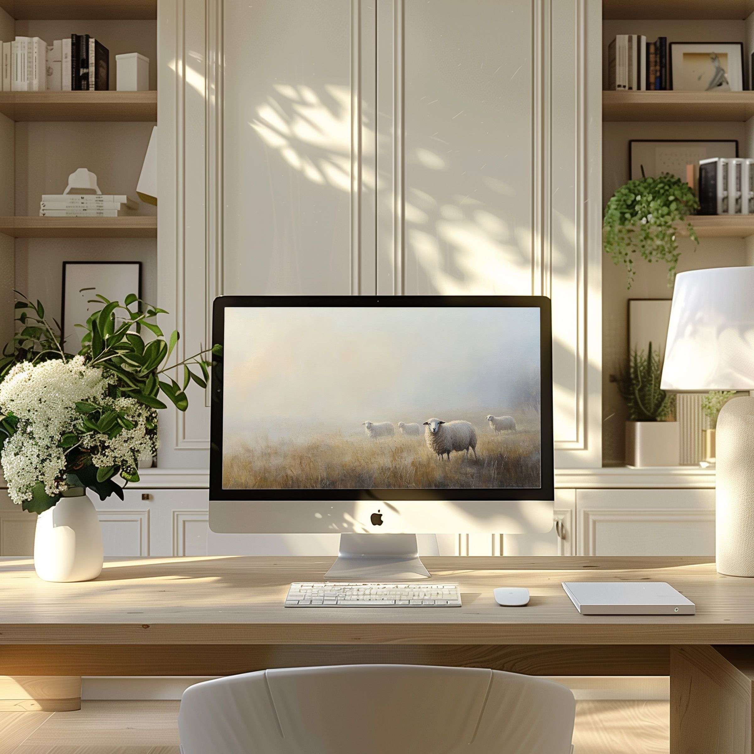 Elegant wallpaper for computer and PC with serene sheep motif enhances modern home office, ideal for Laptop use and digital download
