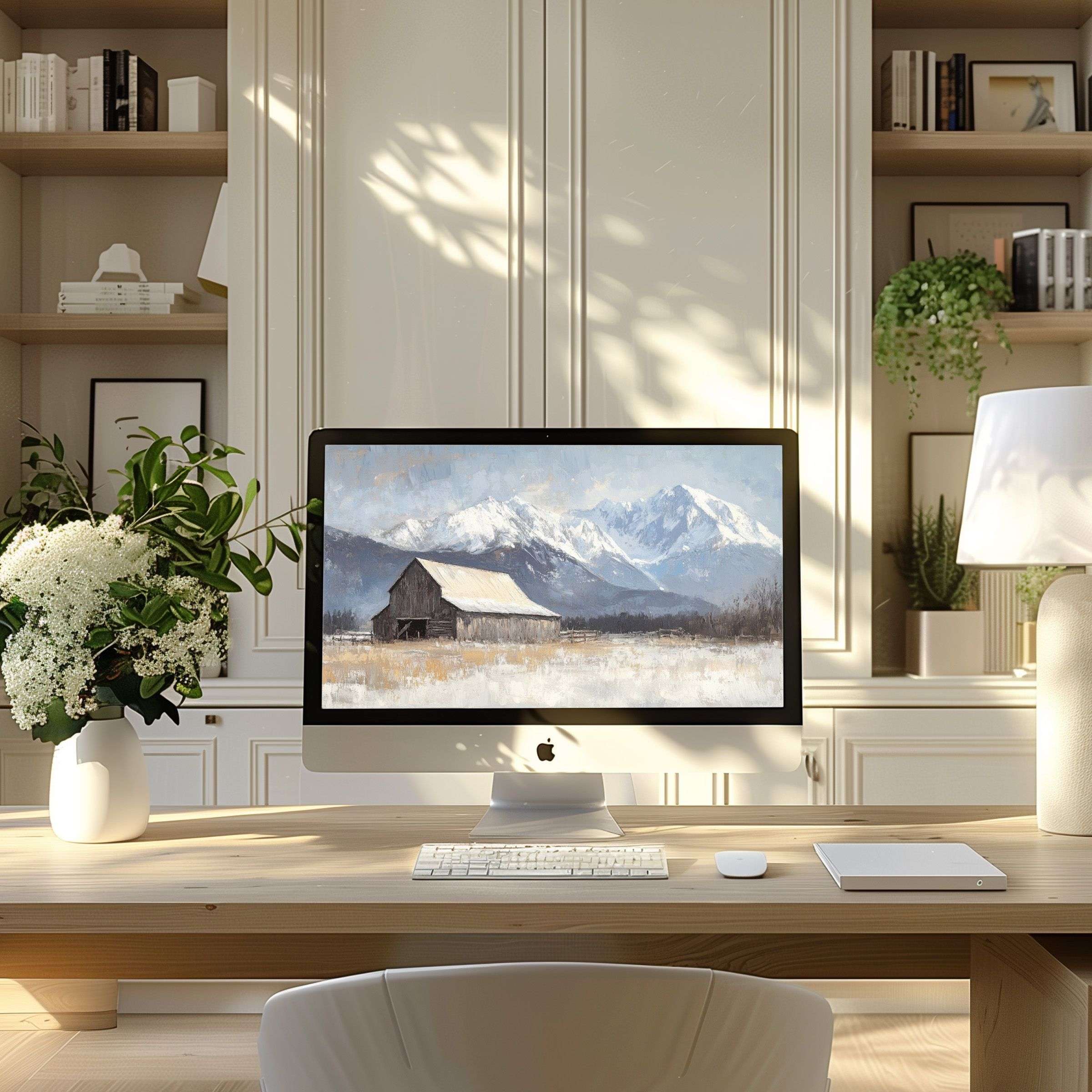 Elegant landscape wallpaper for computer and laptop in a serene home office setting enhances calm inspiration and digital style