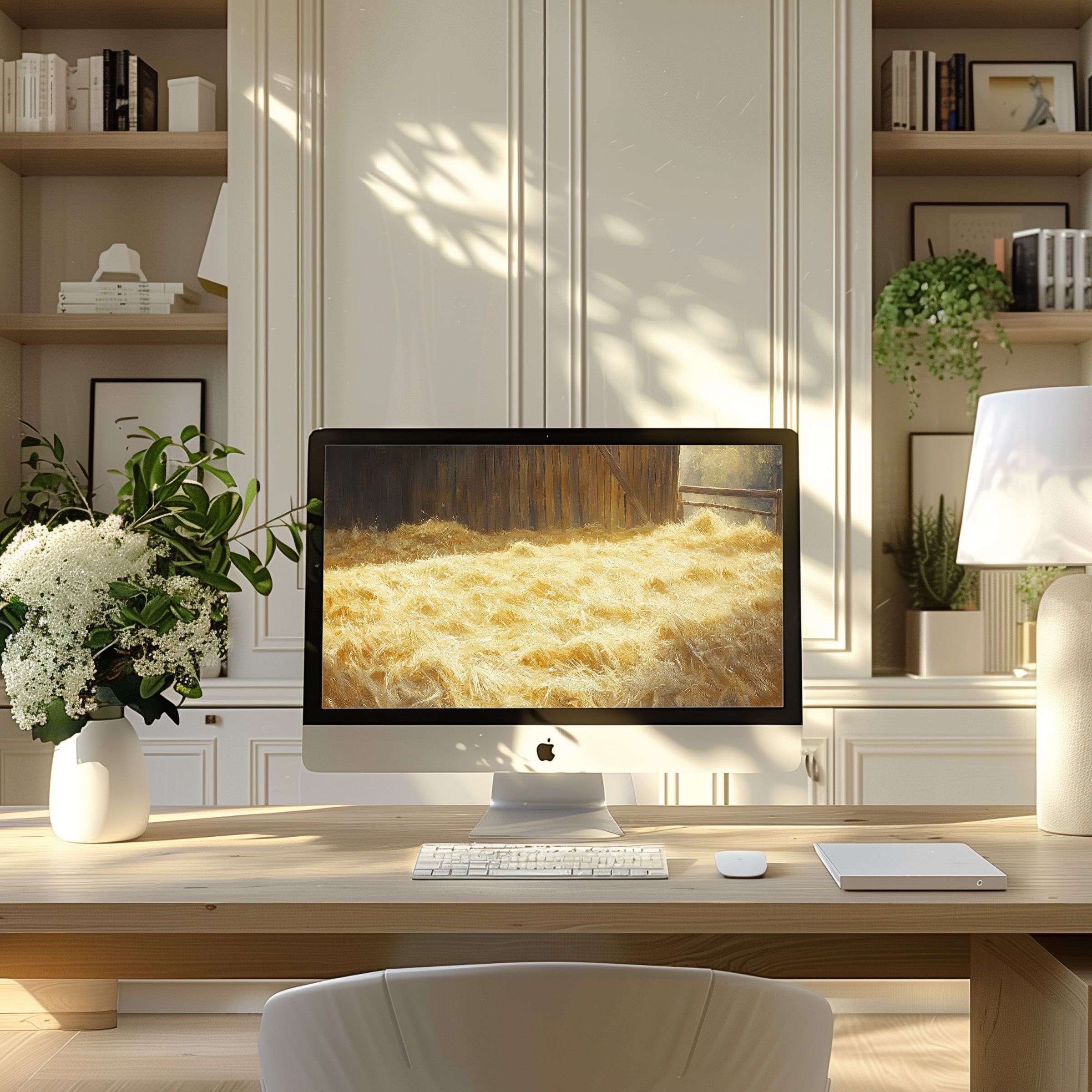 Elegant wheat field wallpaper for computer on PC and laptop inspires serenity in modern home office with natural textures