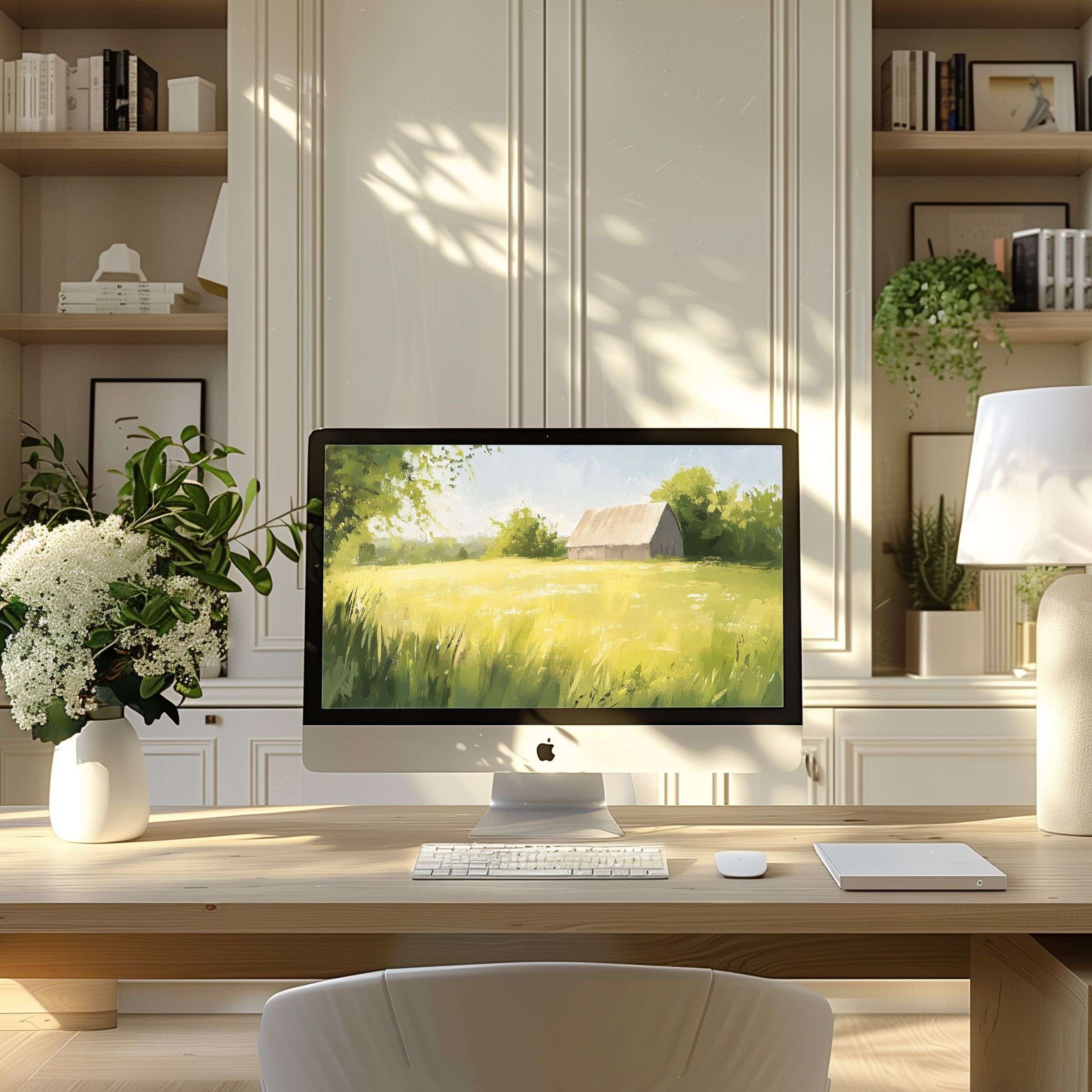Elegant wallpaper for computer featuring serene meadow landscape on PC and Laptop, enhancing modern home office with calm inspiration