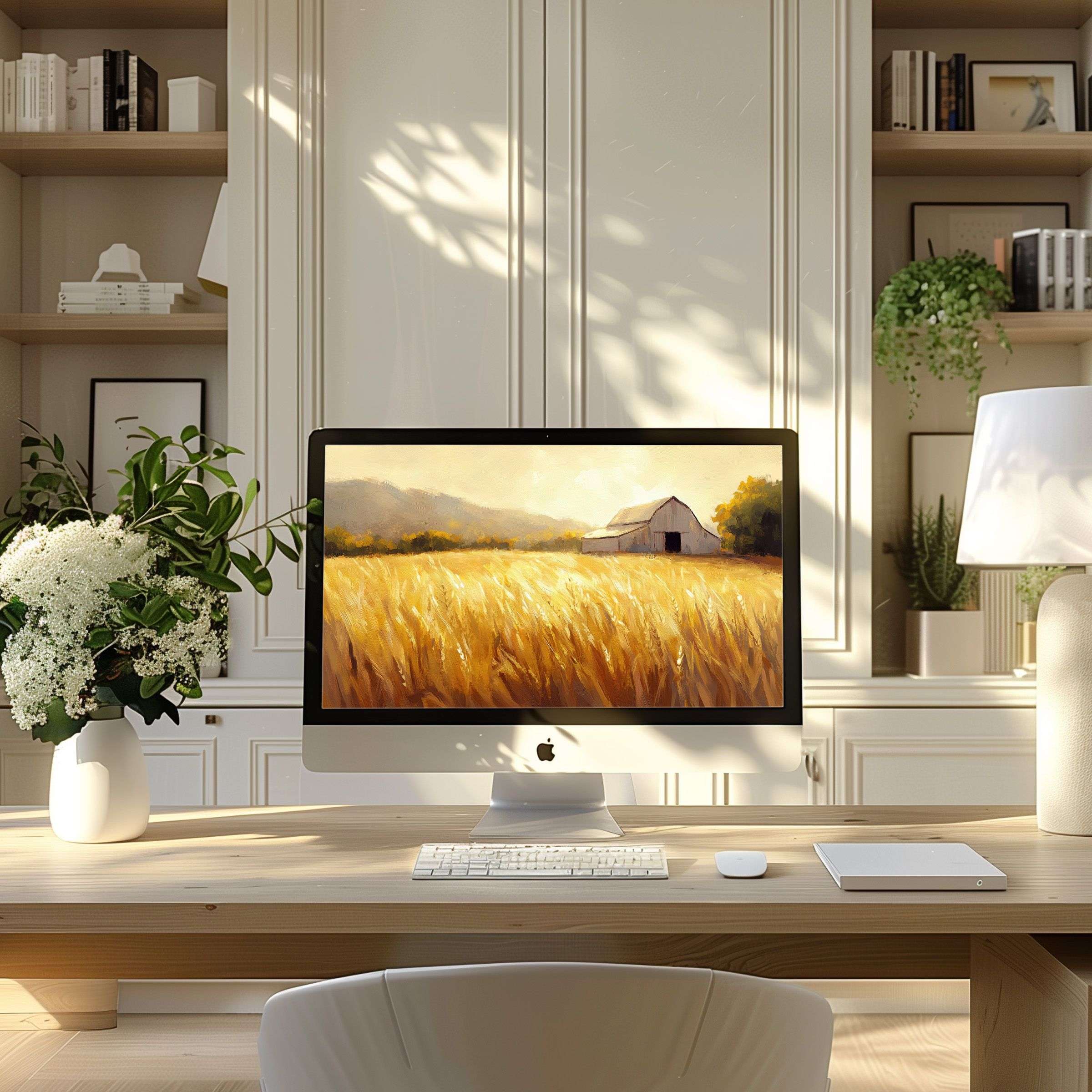 Elegant golden wheat field digital artwork, perfect wallpaper for computer, PC, and laptop, inspiring calm in modern home office